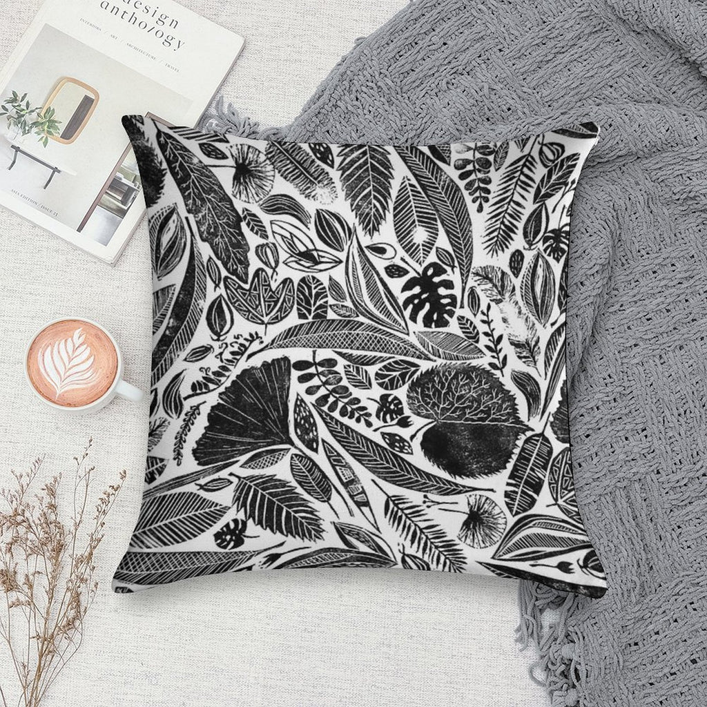 Mixed Leaves, Lino Cut Printed Nature Inspired Hand Printed Pattern Soft Washable Throw Pillow