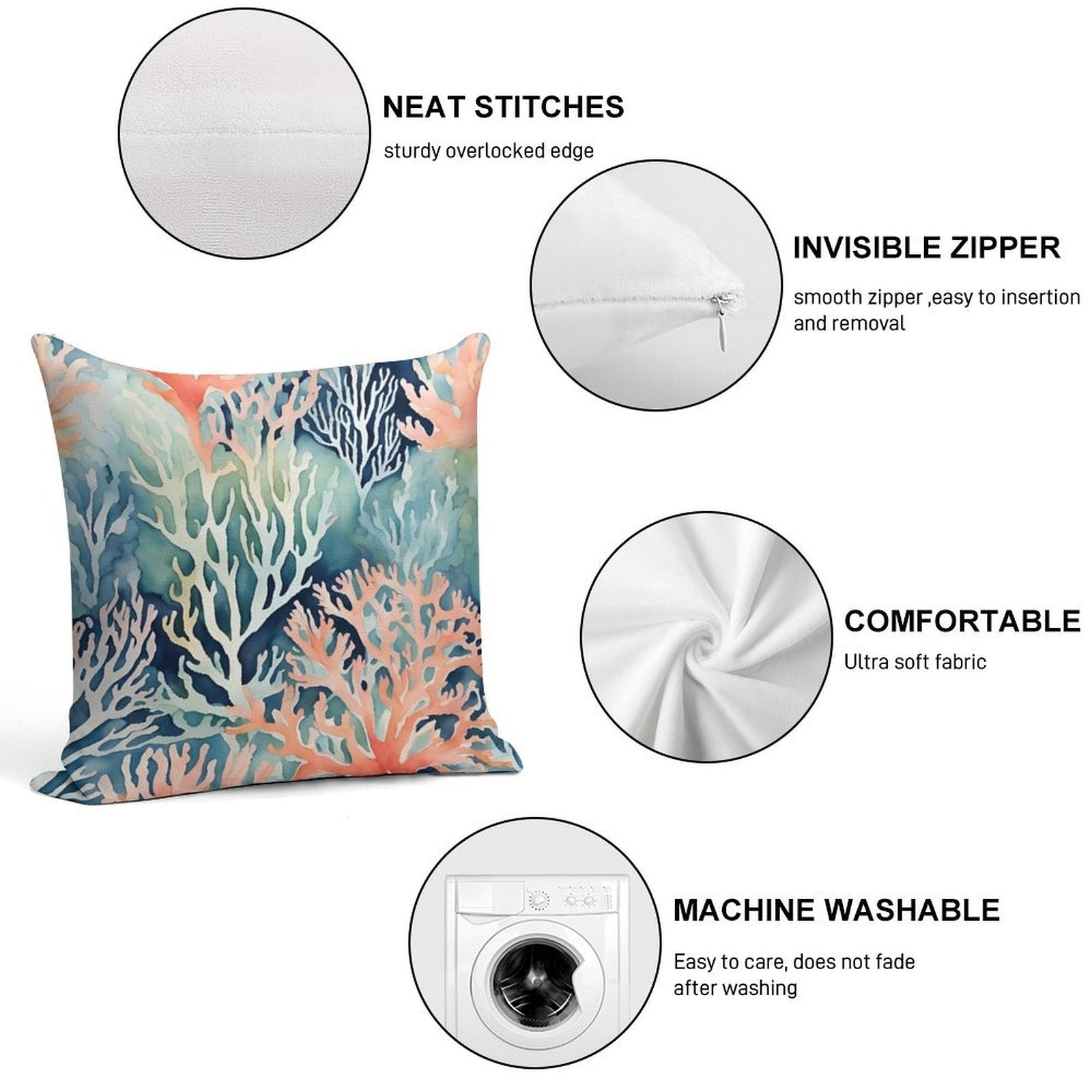 Navy Blue Teal Orange Coral Reef Beach Coastal Soft Washable Throw Pillow