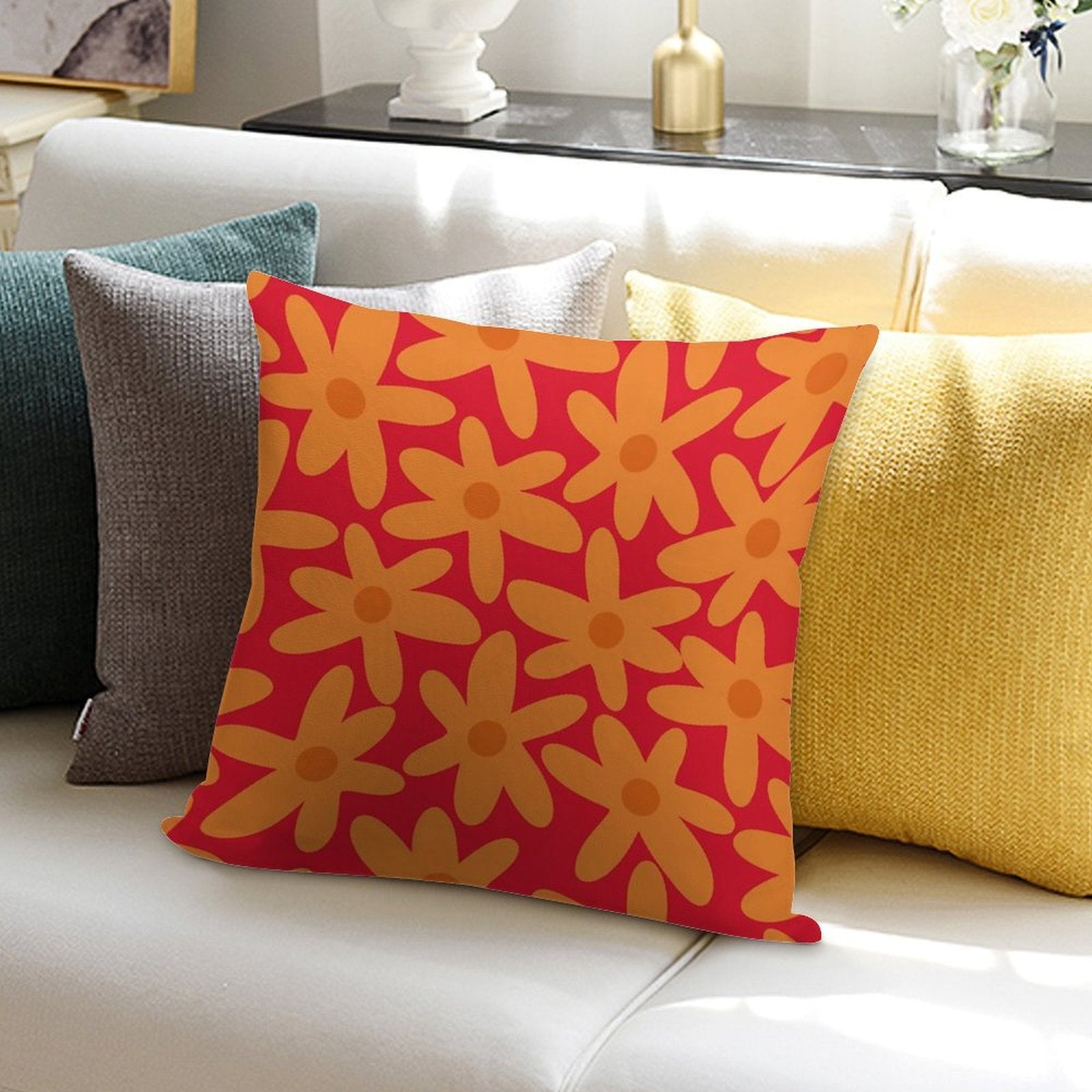 Daisy Time Retro Floral Pattern in Orange And Red Soft Gift Ready Throw Pillow