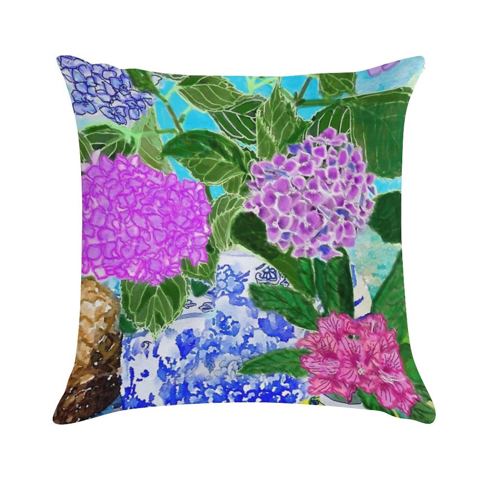 Hydrangea in Chinoiserie Jars Soft Shrink-Resistant Throw Pillow