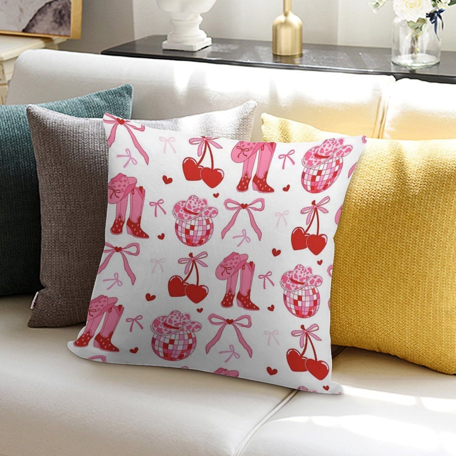 Disco Cowgirl Pack. Pink Cowboy Boot, Disco Ball, Cherry, Bows And Cowgirl Hat. Soft High-Density Material Throw Pillow