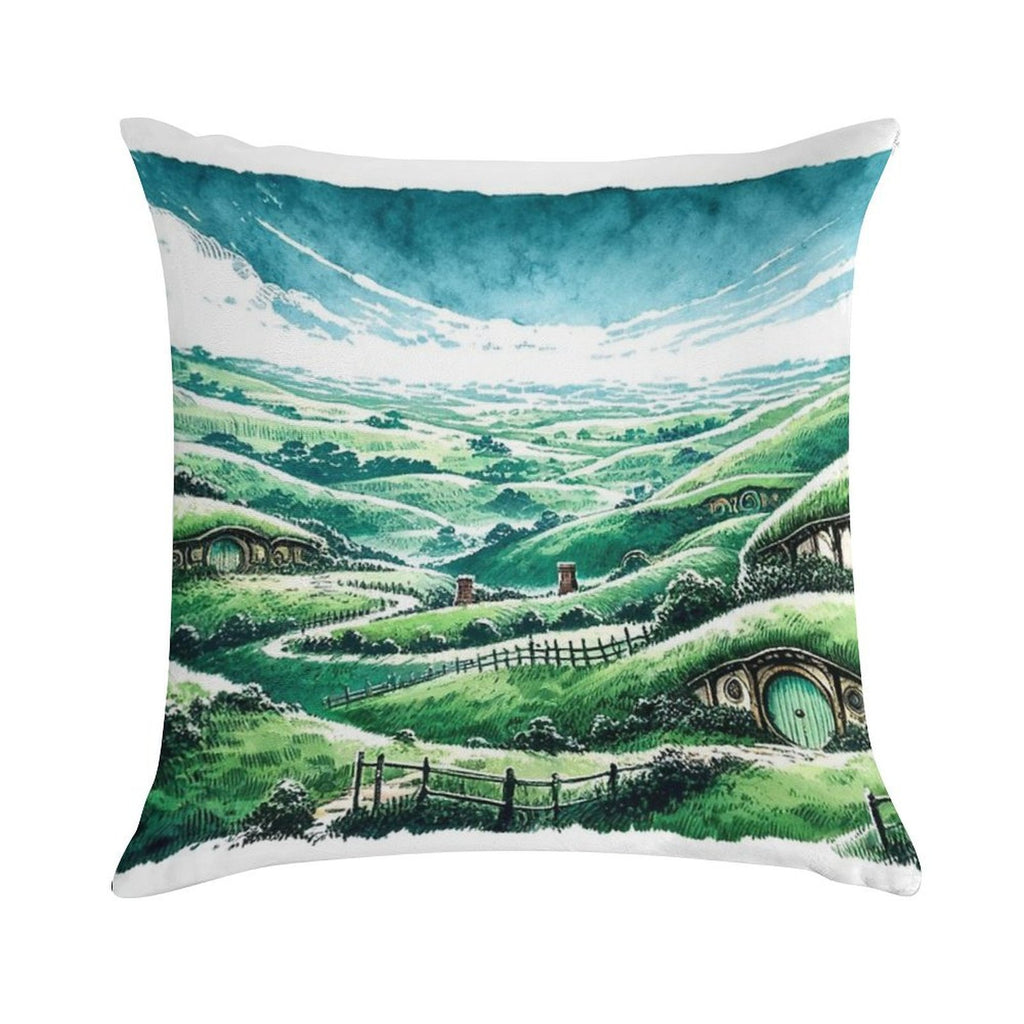 Panoramic Sumi-e Hobbiton Tranquil Fantasy Ink Landscape Soft Luxury Feel Throw Pillow