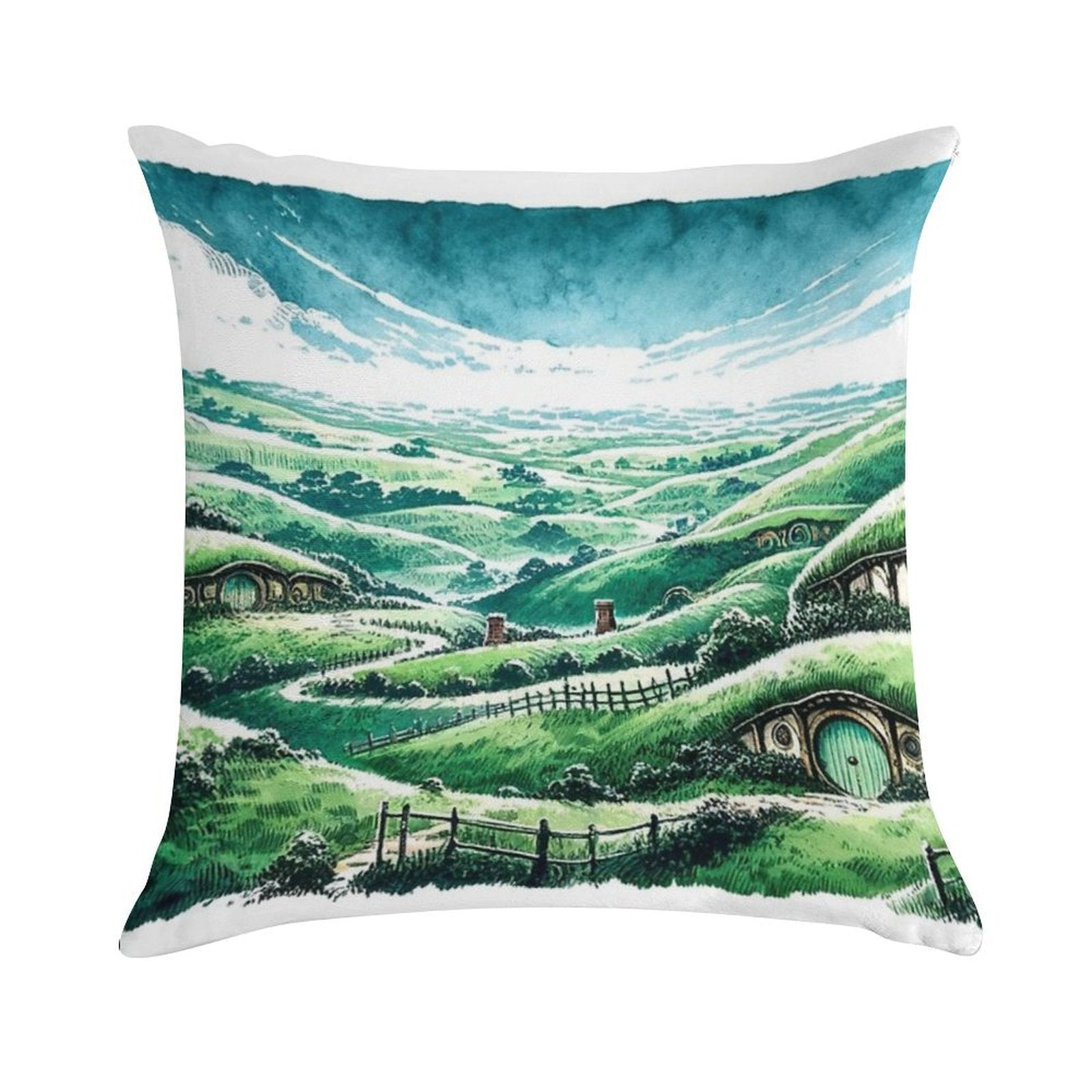 Panoramic Sumi-e Hobbiton Tranquil Fantasy Ink Landscape Soft Luxury Feel Throw Pillow