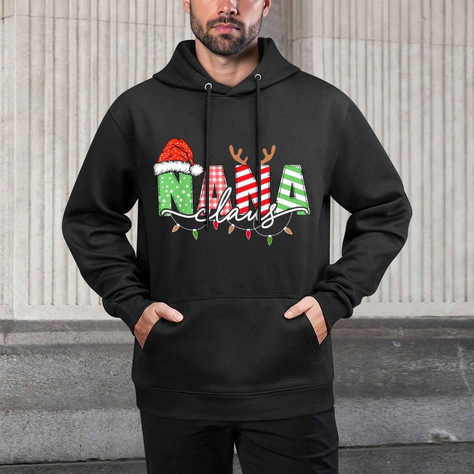 Nana Claus Xmas Christmas Lights Pajama Family Matching Shrink-Resistant Hoodie