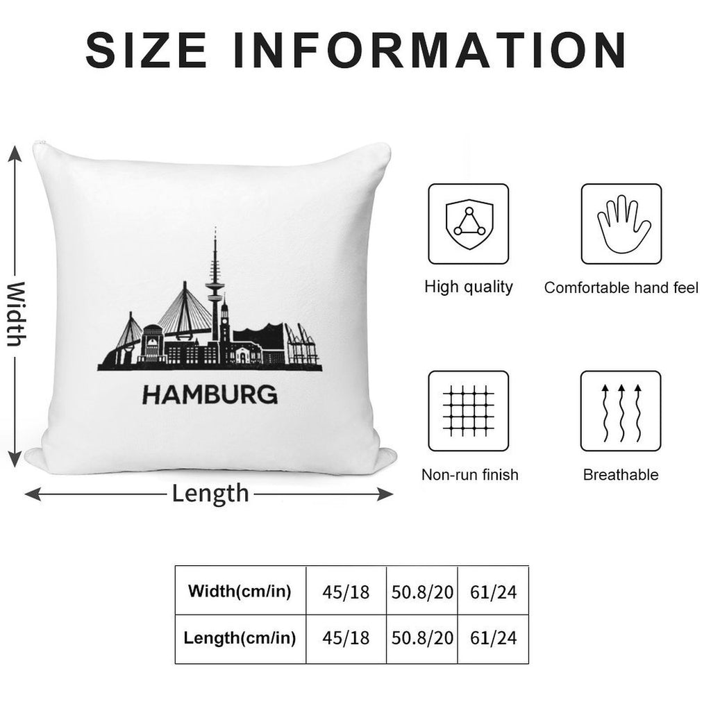 Detailed Hamburg Skyline Silhouette Black Soft Shrink-Resistant Throw Pillow