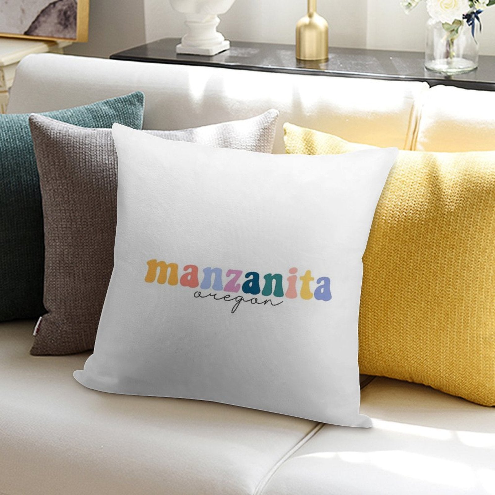 Manzanita Oregon Groovy Rainbow Pastel Lettering Soft Warmth Comfort Throw Pillow
