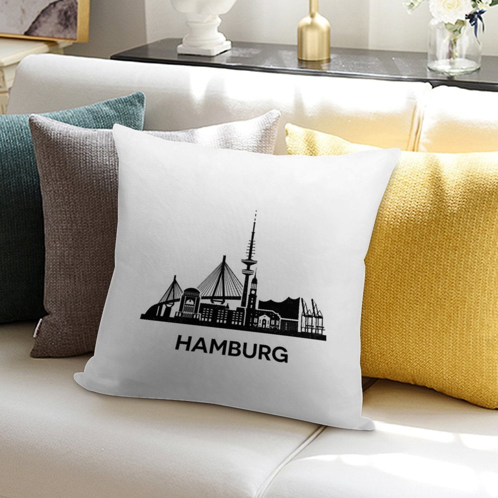 Detailed Hamburg Skyline Silhouette Black Soft Shrink-Resistant Throw Pillow