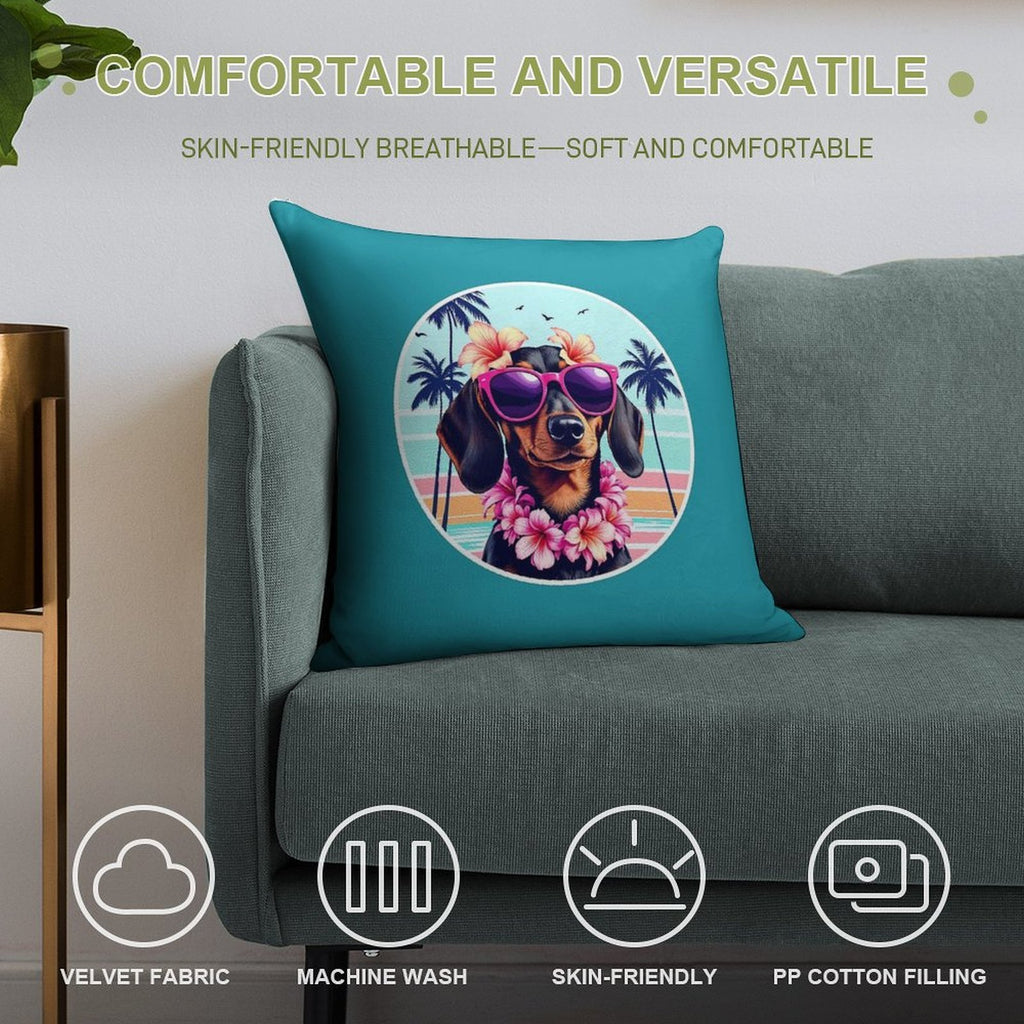 Hawaiian Dachshund Dog Retro Summer Vibes Soft Luxury Feel Throw Pillow