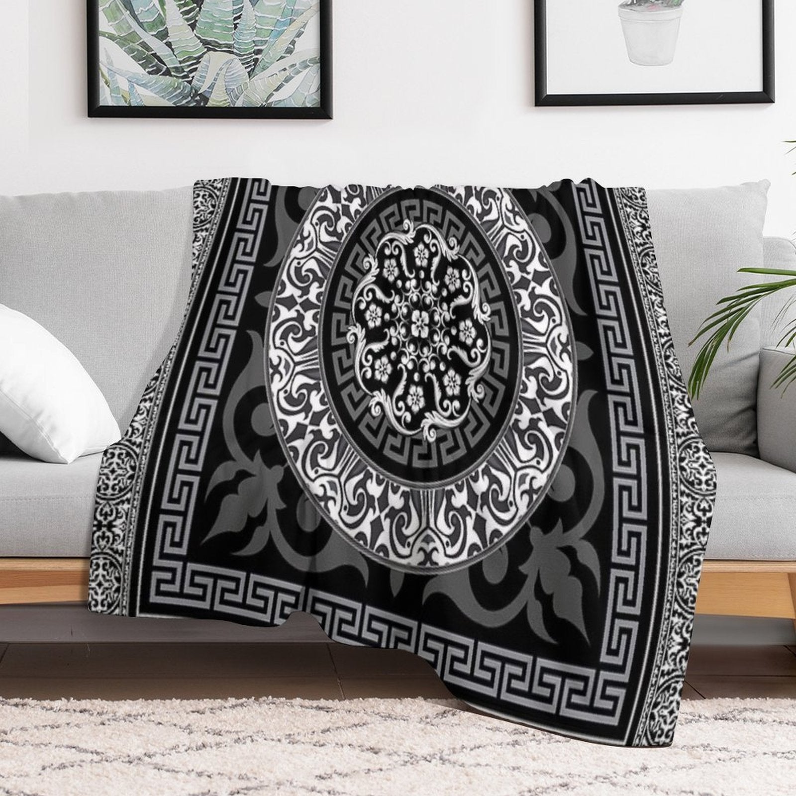 Ornate Baroque Black Grey White Greek Key Plush Throw Blanket