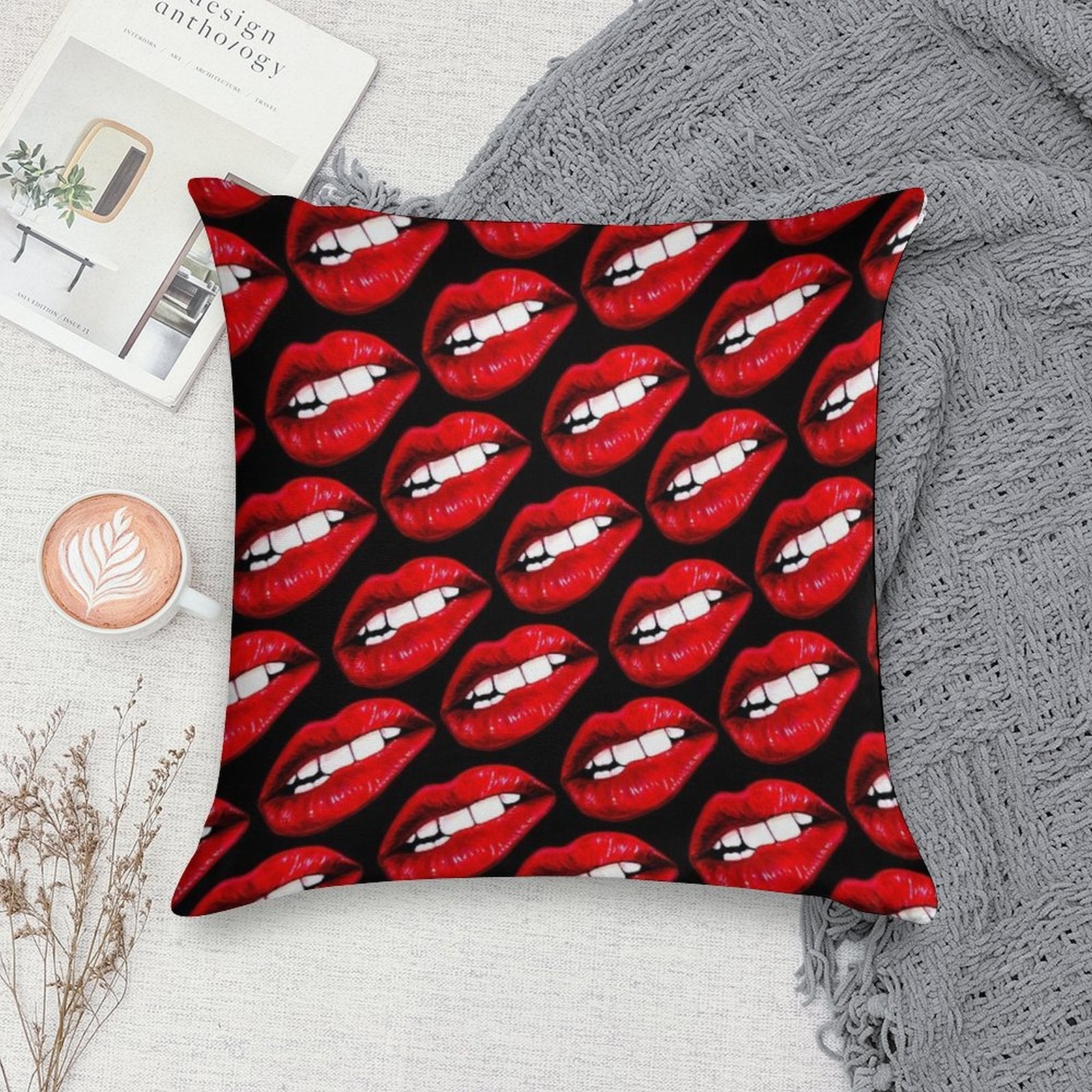 Lip Pattern - Black Soft Anti-Pilling Throw Pillow