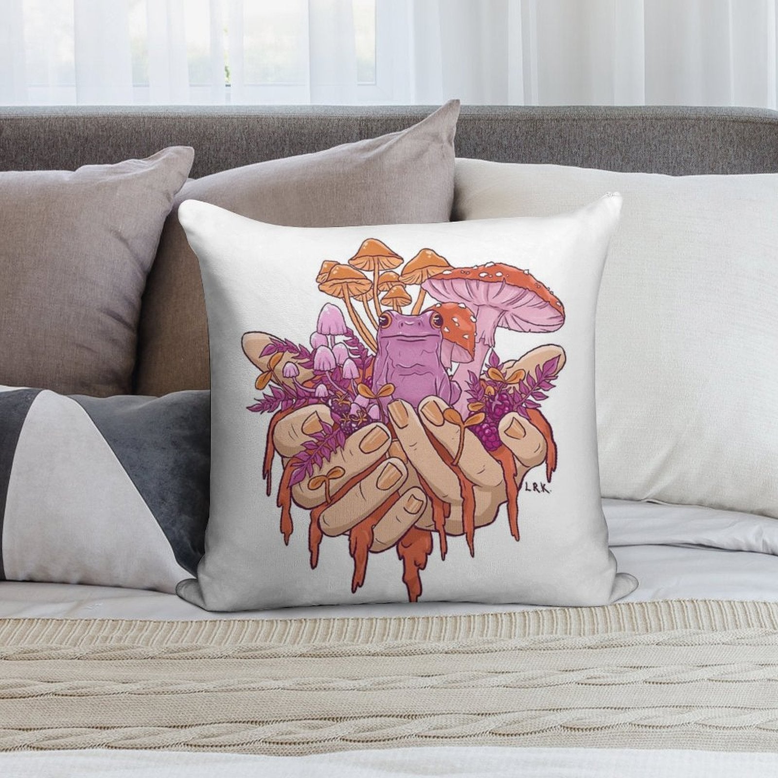 Sapphic Toadstool Frog Handful Soft Washable Throw Pillow
