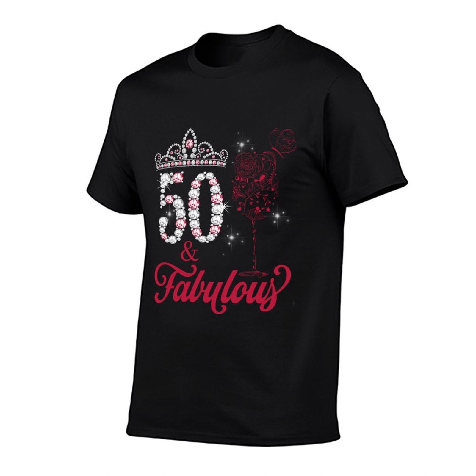 50 And Fabulous Queen Happy Birthday 50th Pink Rose Red Wine  Trendy Pattern T-Shirt