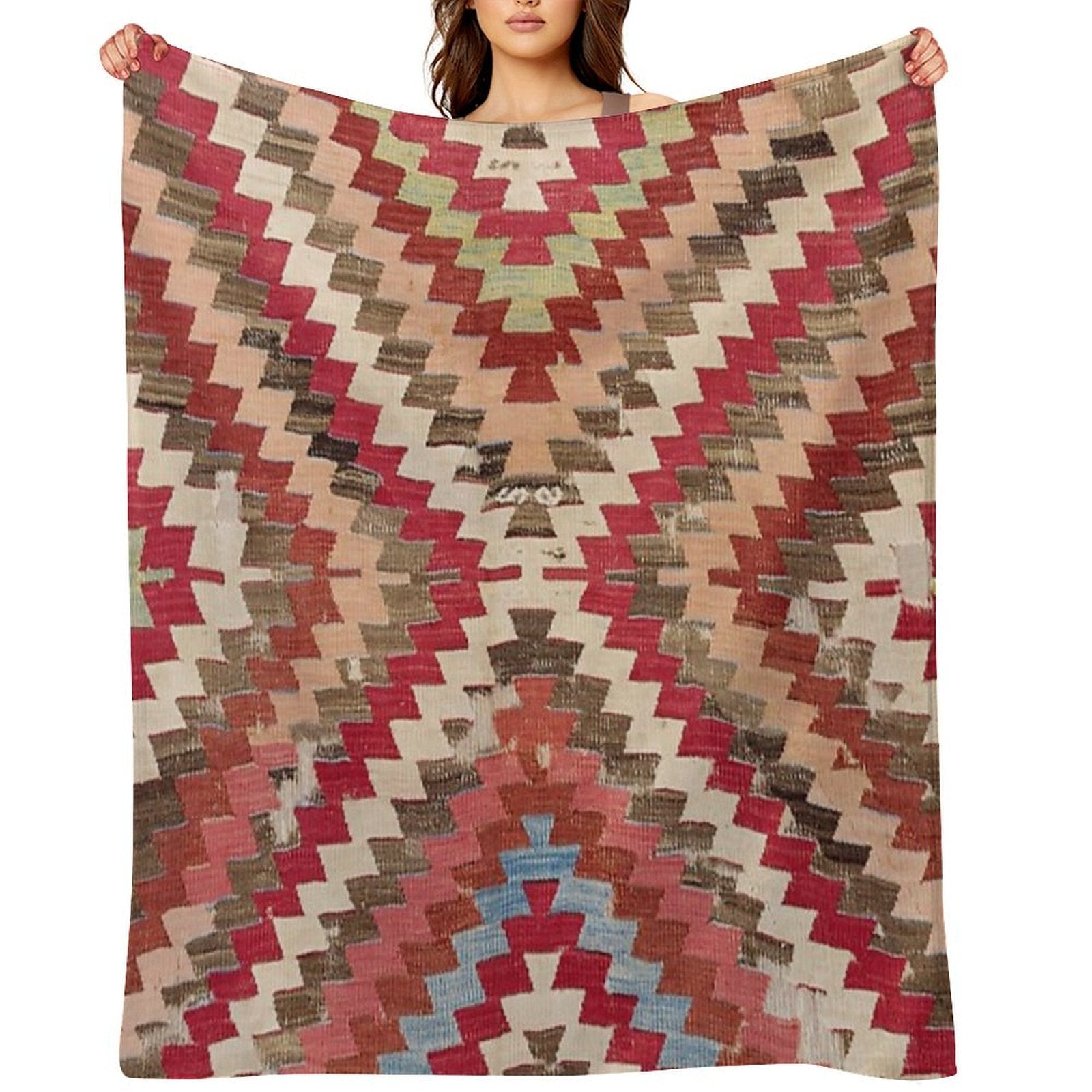 Baklava Chevron Star II  18th Century Authentic Colorful Light Pink Green Blue Accent Pattern Sustainable Throw Blanket