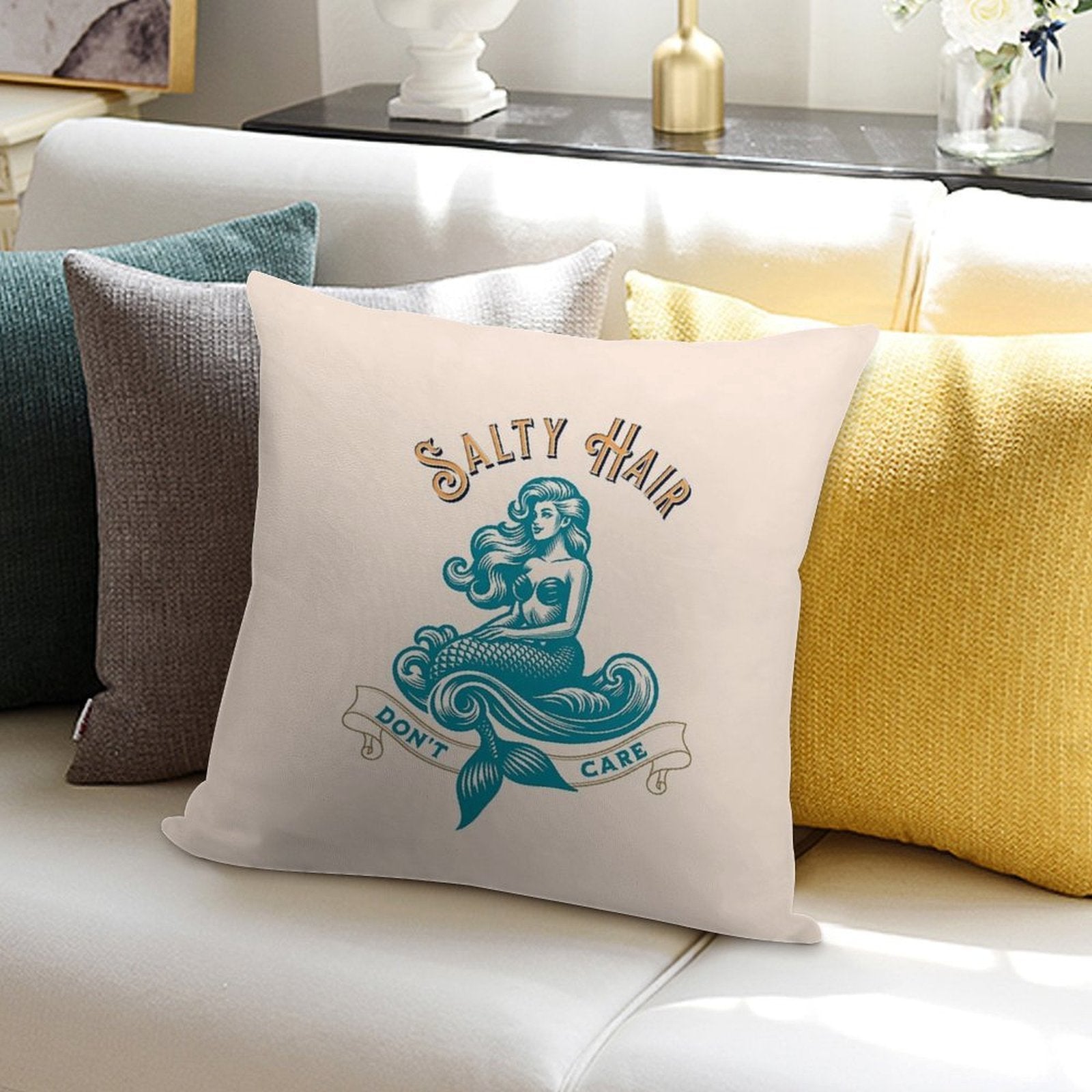 Salty Hair. Don’t Care. Mermaid Summer Design Soft High-Density Material Throw Pillow