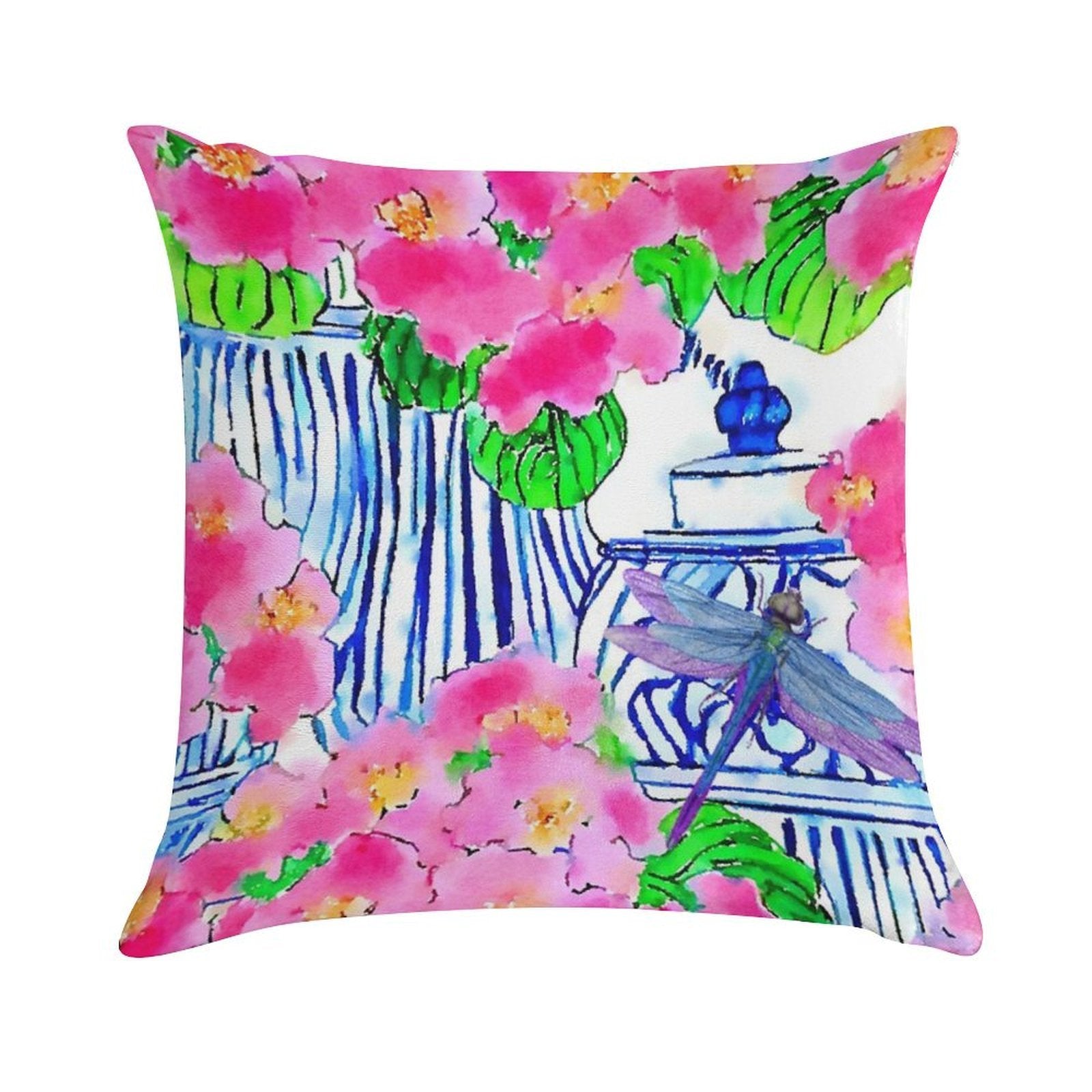 Dragonfly And Chinoiserie Jars with Pink Pansies Soft High-Density Material Throw Pillow