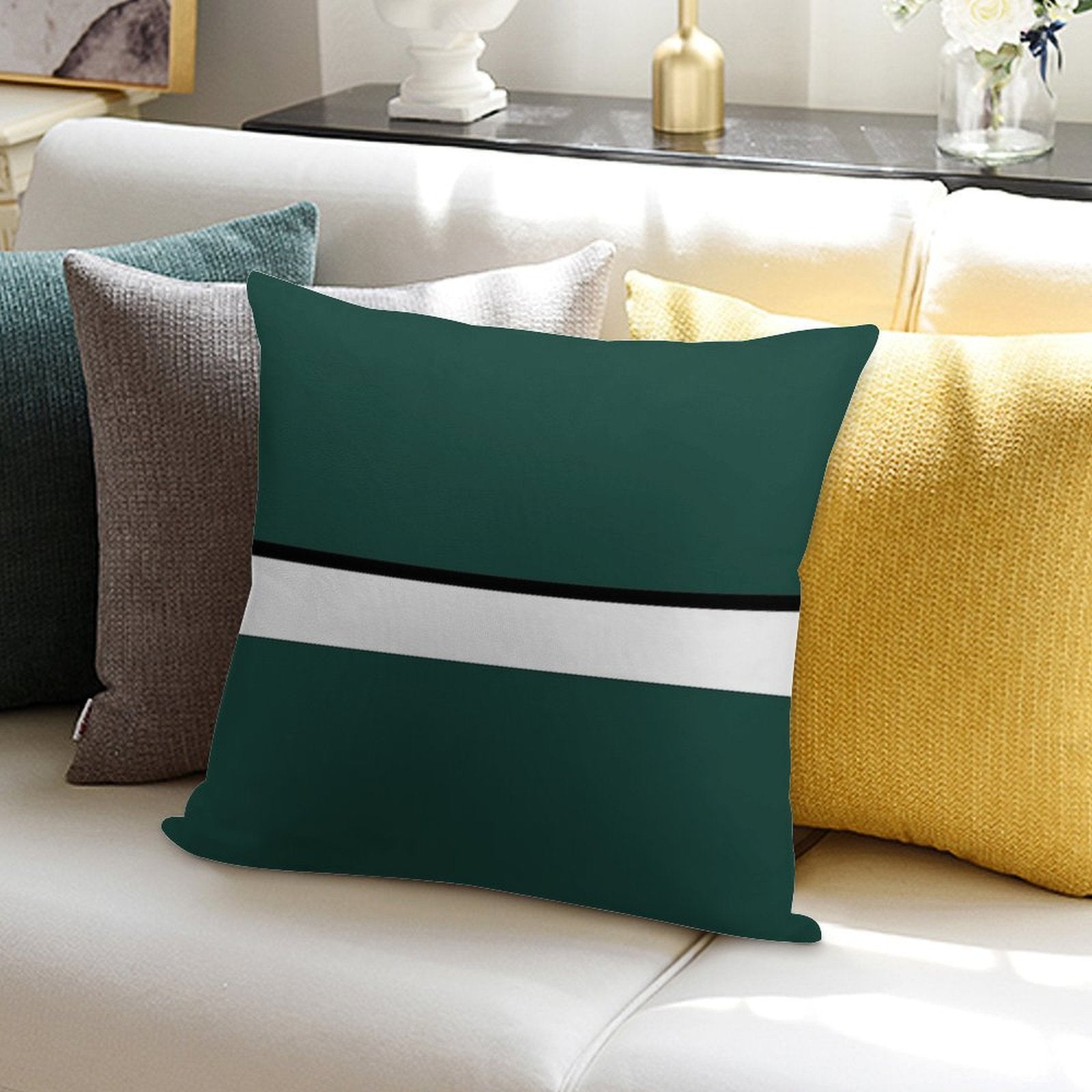 Hunter Green White And Black Banded Soft Style Accent Throw Pillow