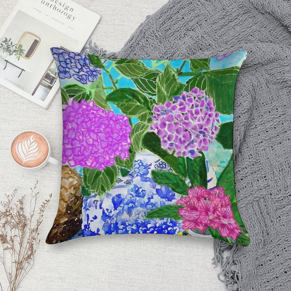 Hydrangea in Chinoiserie Jars Soft Shrink-Resistant Throw Pillow
