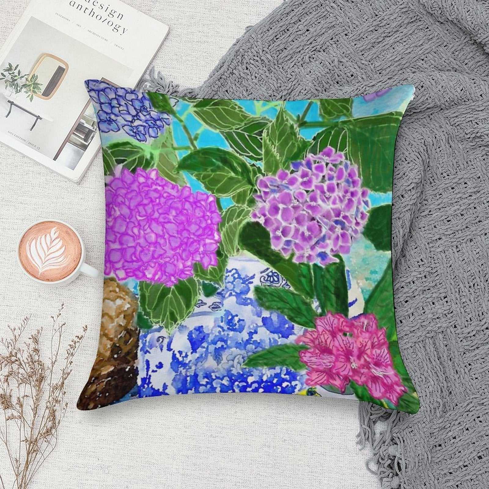 Hydrangea in Chinoiserie Jars Soft Shrink-Resistant Throw Pillow