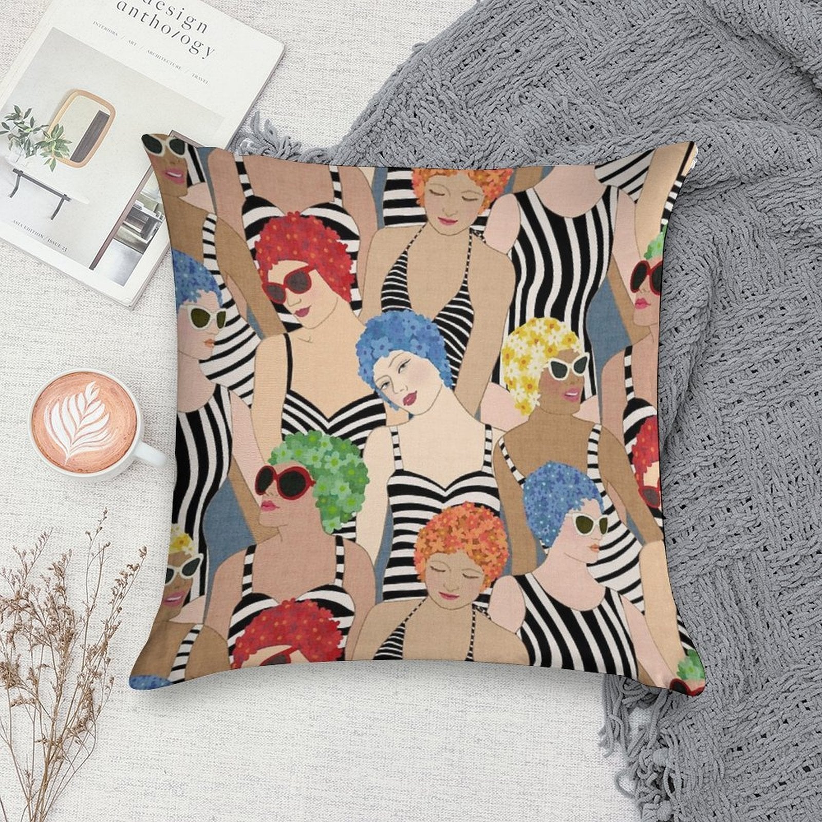 Willow Lake Swim Club Vintage Ladies Bright Soft Reinforced Edging Throw Pillow