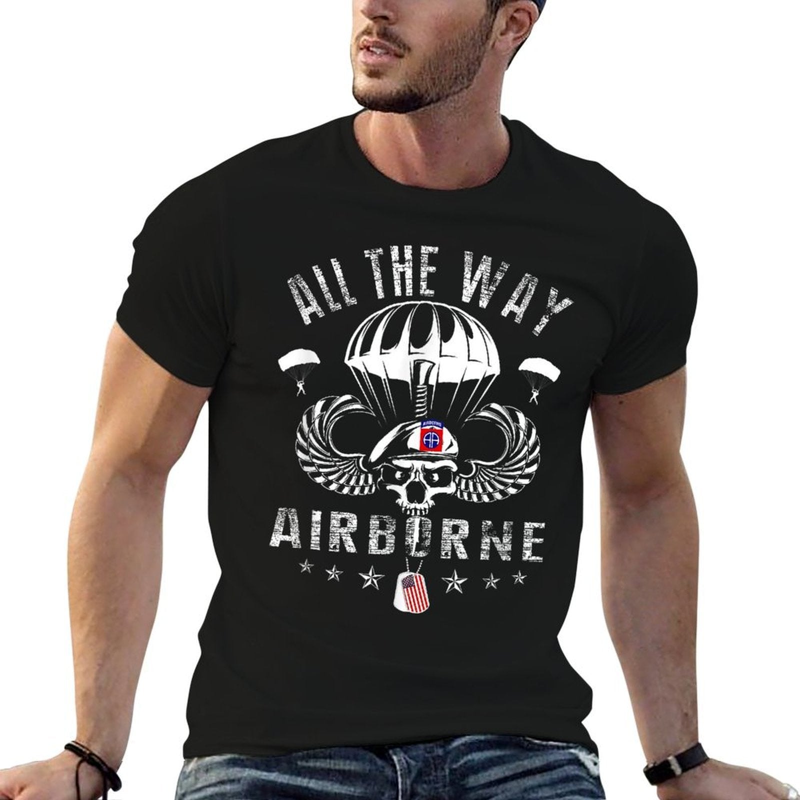 Vintage Army 82nd Airborne All The Way Skull Maroon Beret  Graphic-printed T-Shirt