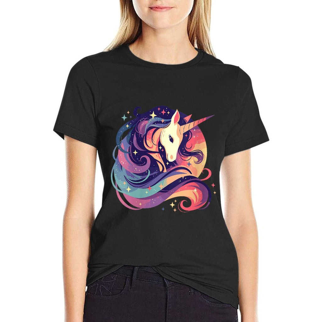 Womens Majestic Sunset Unicorn Art Mystical Creature Fantasy  Graphic-printed T-Shirt