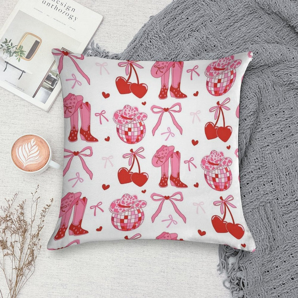 Disco Cowgirl Pack. Pink Cowboy Boot, Disco Ball, Cherry, Bows And Cowgirl Hat. Soft High-Density Material Throw Pillow