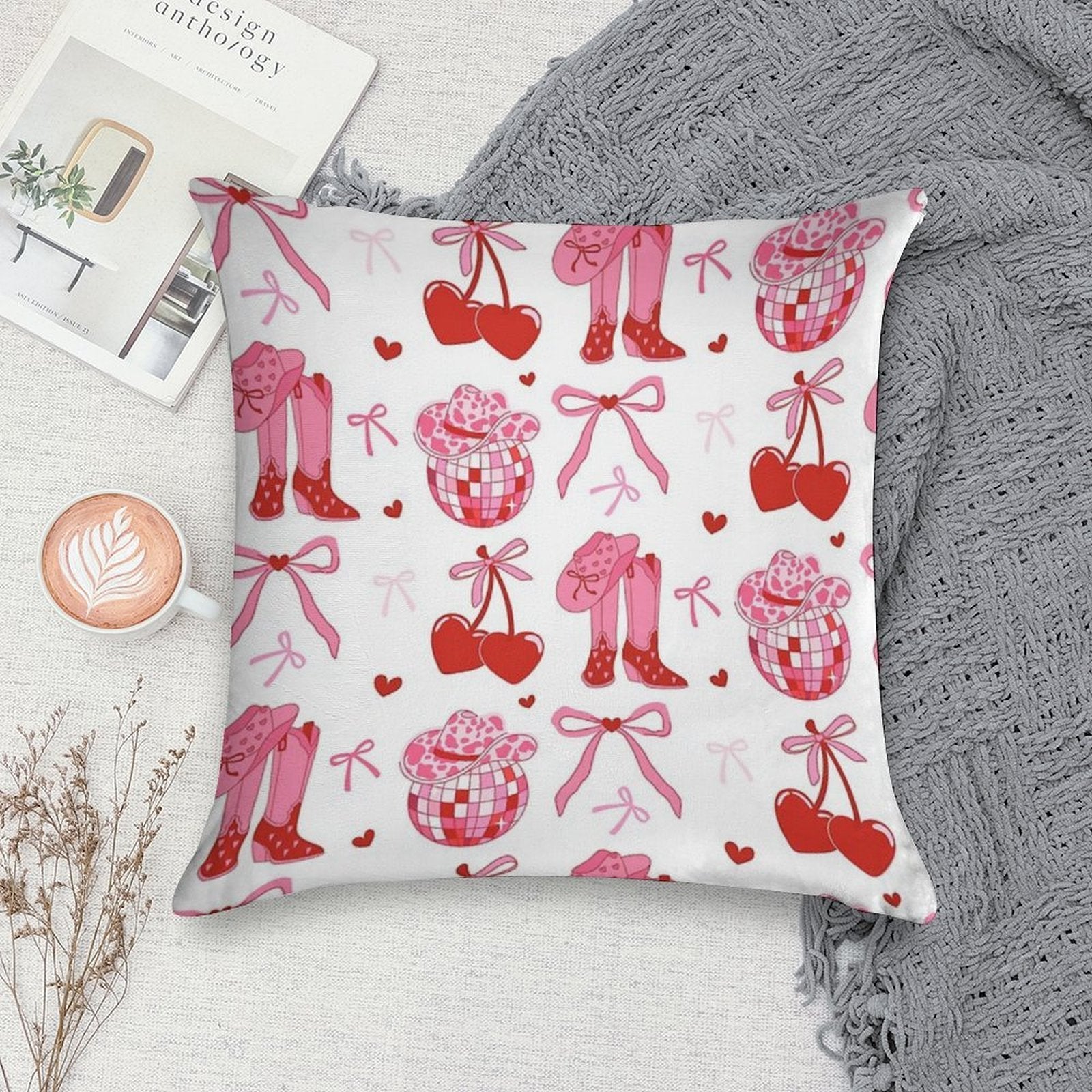Disco Cowgirl Pack. Pink Cowboy Boot, Disco Ball, Cherry, Bows And Cowgirl Hat. Soft High-Density Material Throw Pillow