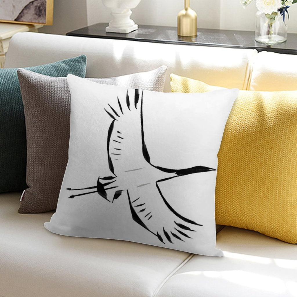 Japanese Crane in Flight Soft Short Plush Fabric Throw Pillow