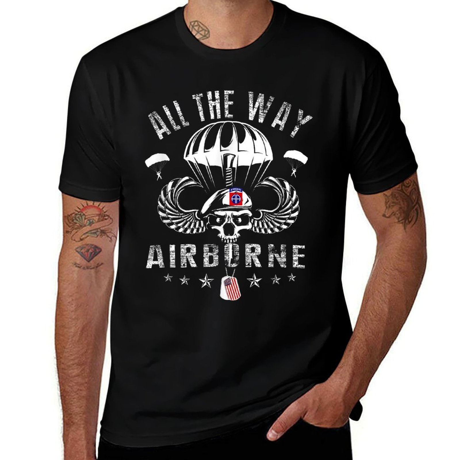 Vintage Army 82nd Airborne All The Way Skull Maroon Beret  Graphic-printed T-Shirt