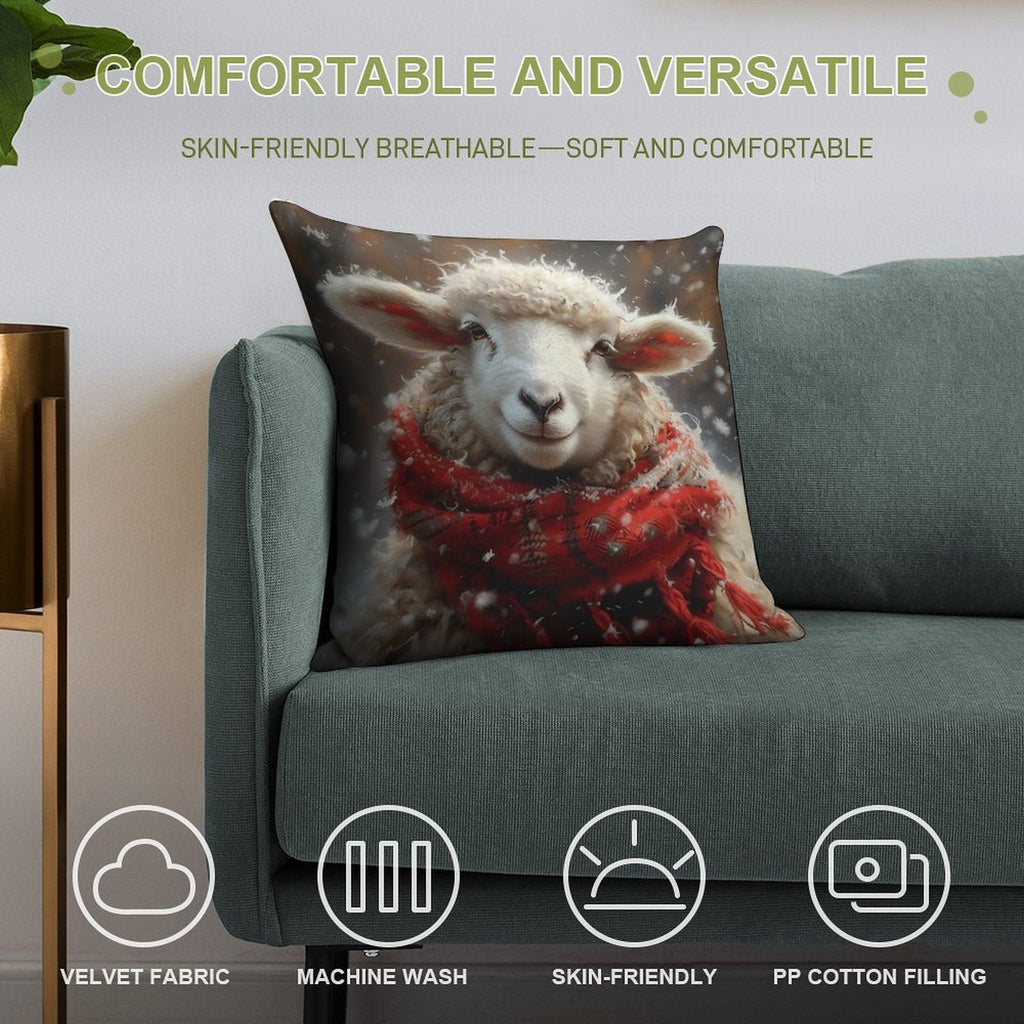 Sheep in The Snow with A Red Scarf Soft Anti-Pilling Throw Pillow