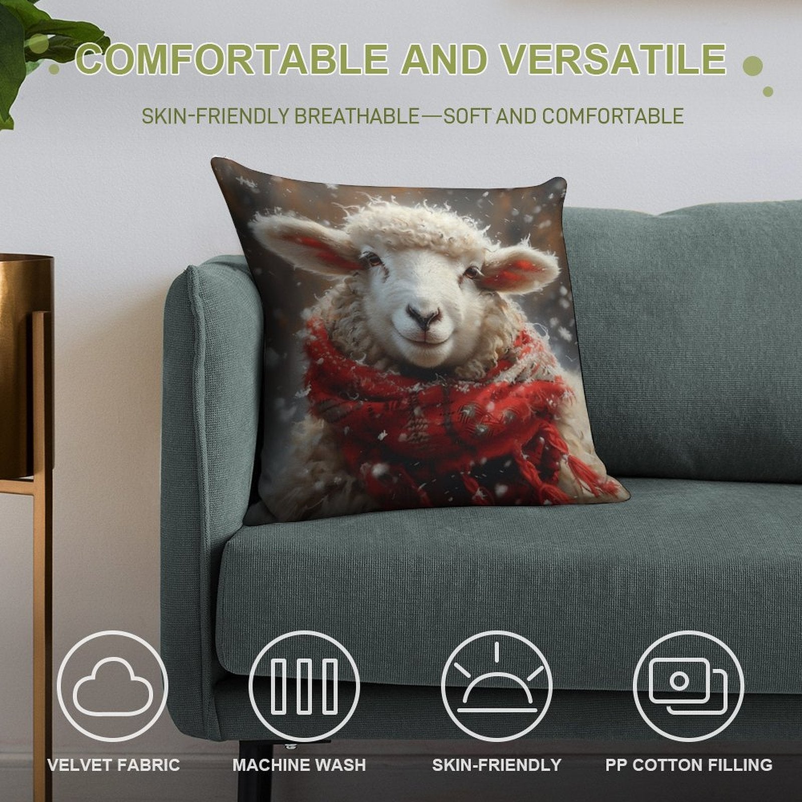 Sheep in The Snow with A Red Scarf Soft Anti-Pilling Throw Pillow