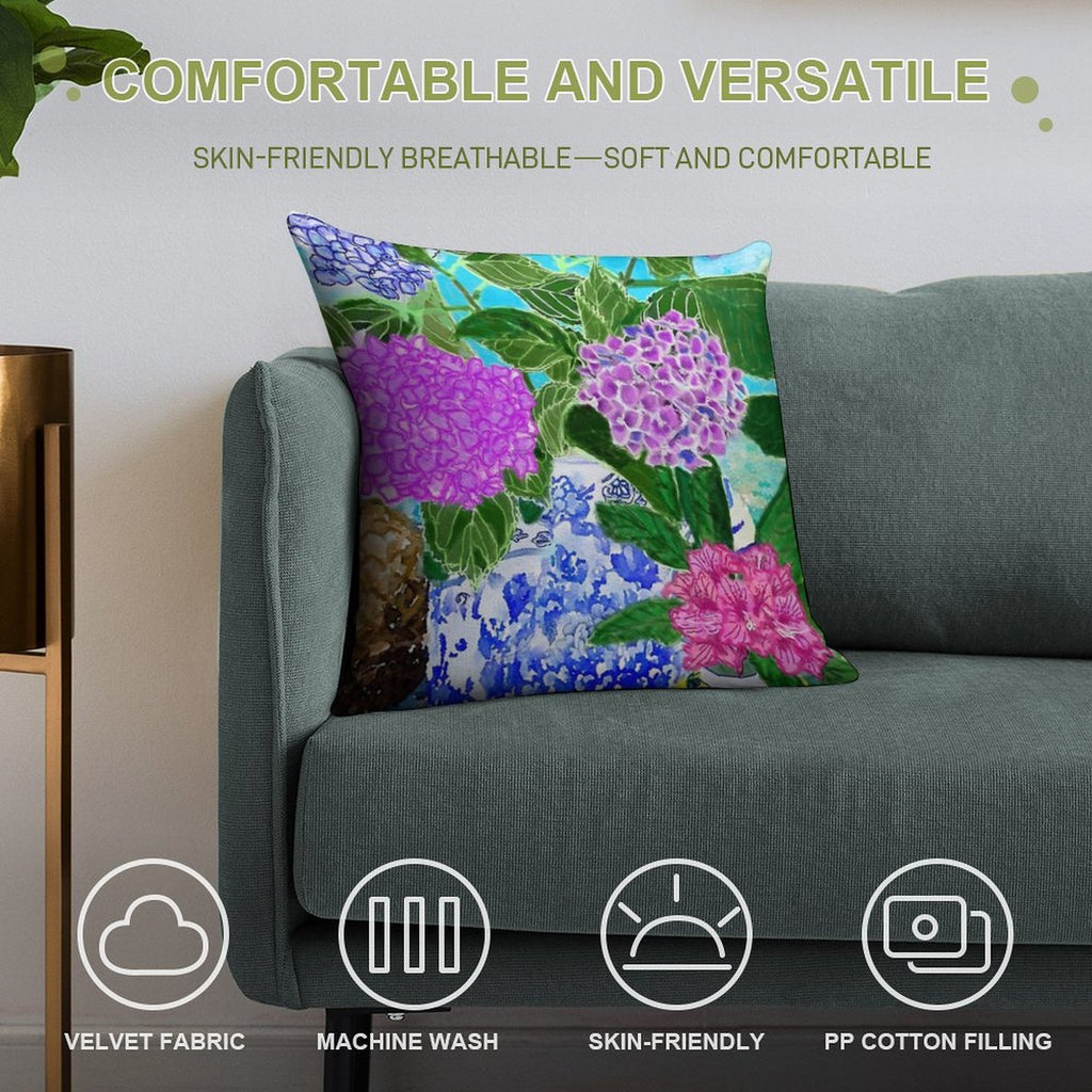 Hydrangea in Chinoiserie Jars Soft Shrink-Resistant Throw Pillow