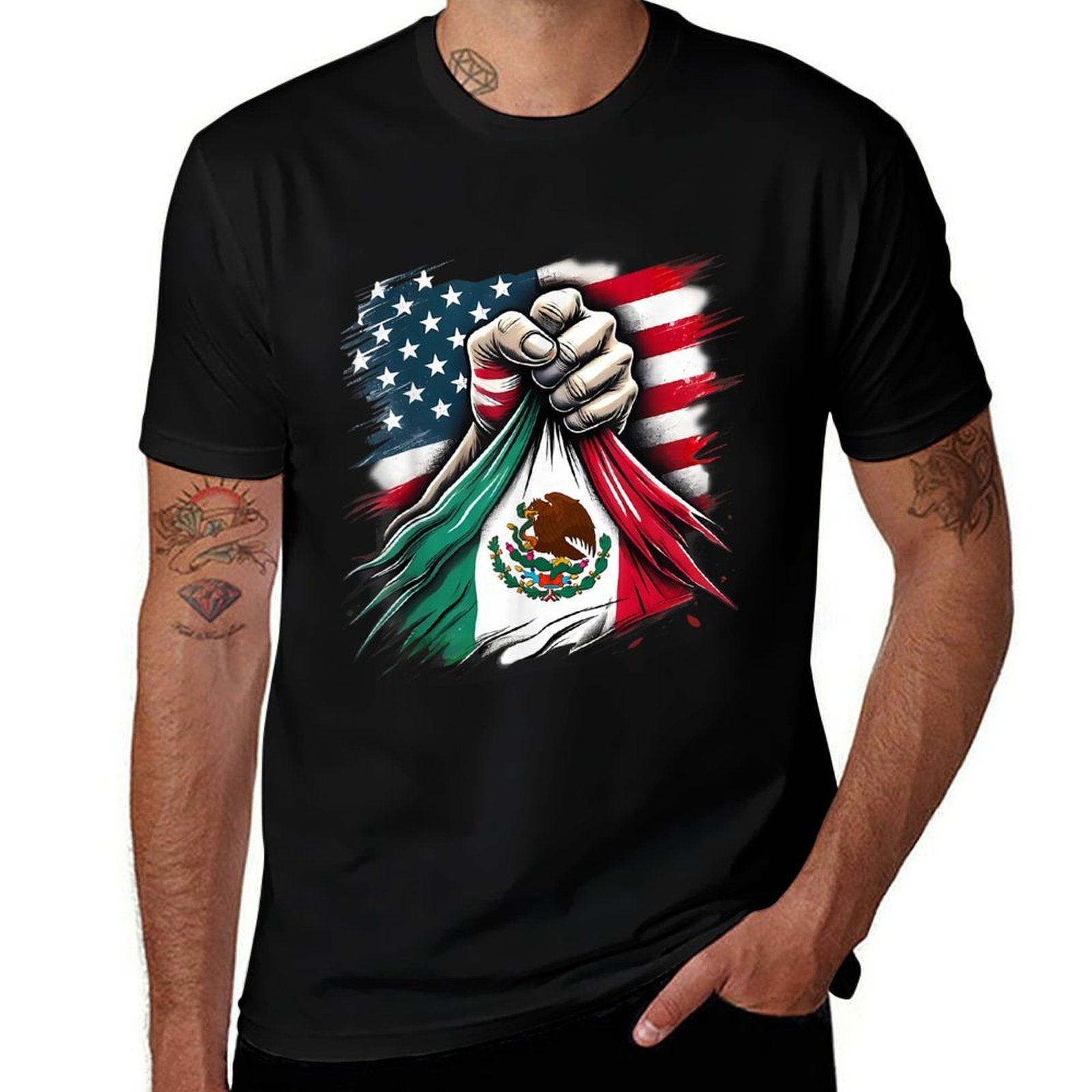 America Mexico Vintage Mexican Roots American  Rolled Sleeves T-Shirt
