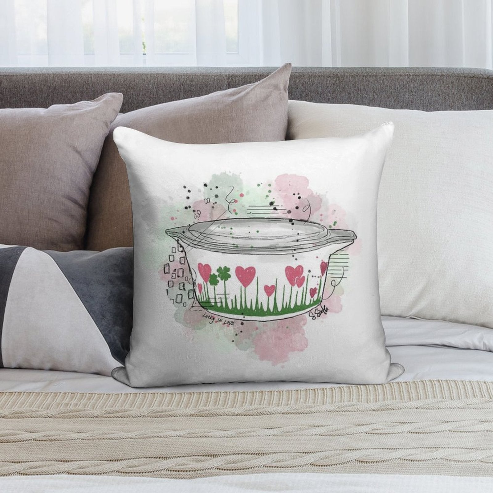 Vintage Pyrex Lucky In Love Bowl Soft Reinforced Edging Throw Pillow