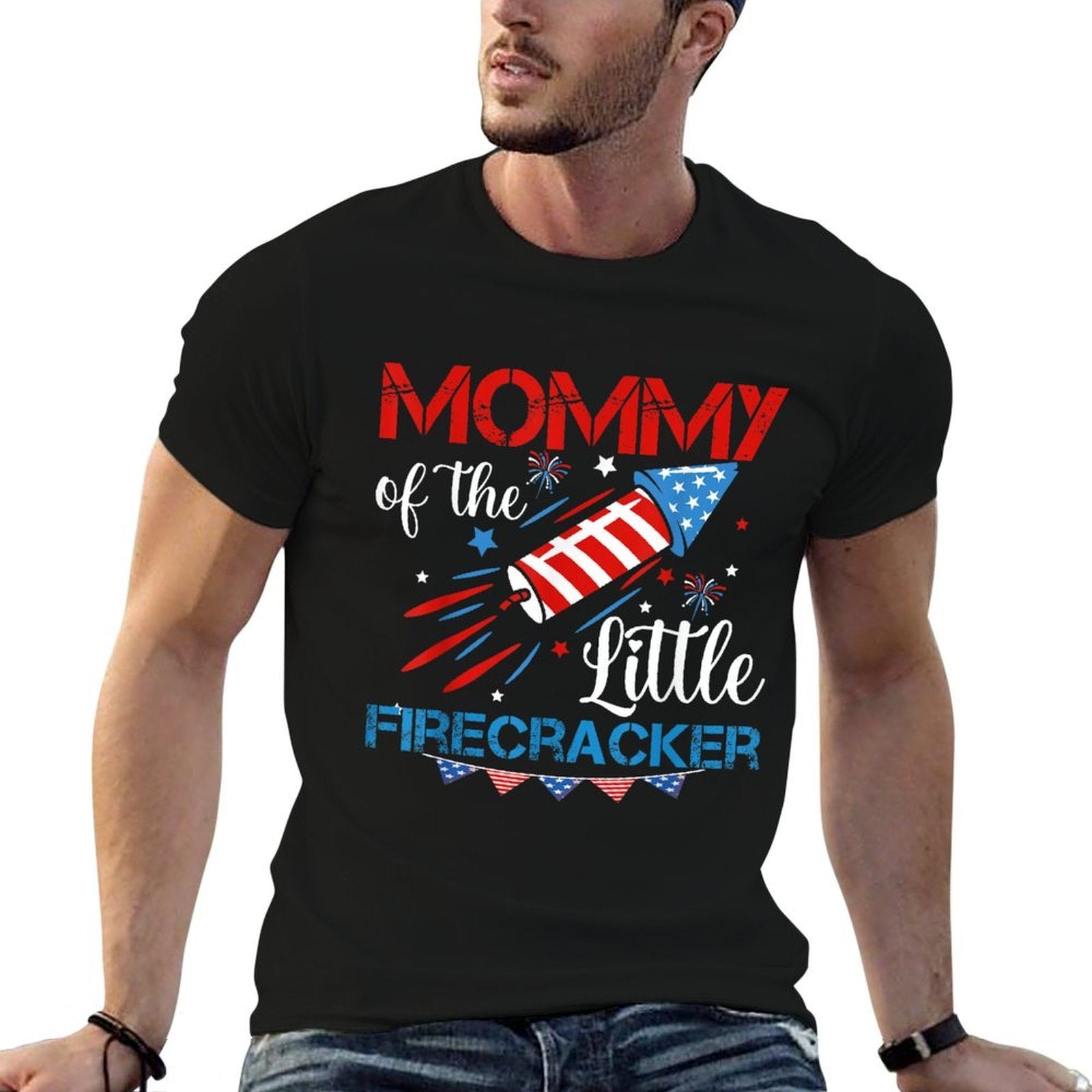 Mommy Of The Little Firecracker 4th of July Birthday Mom  Cotton T-Shirt