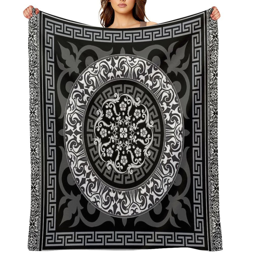 Ornate Baroque Black Grey White Greek Key Plush Throw Blanket