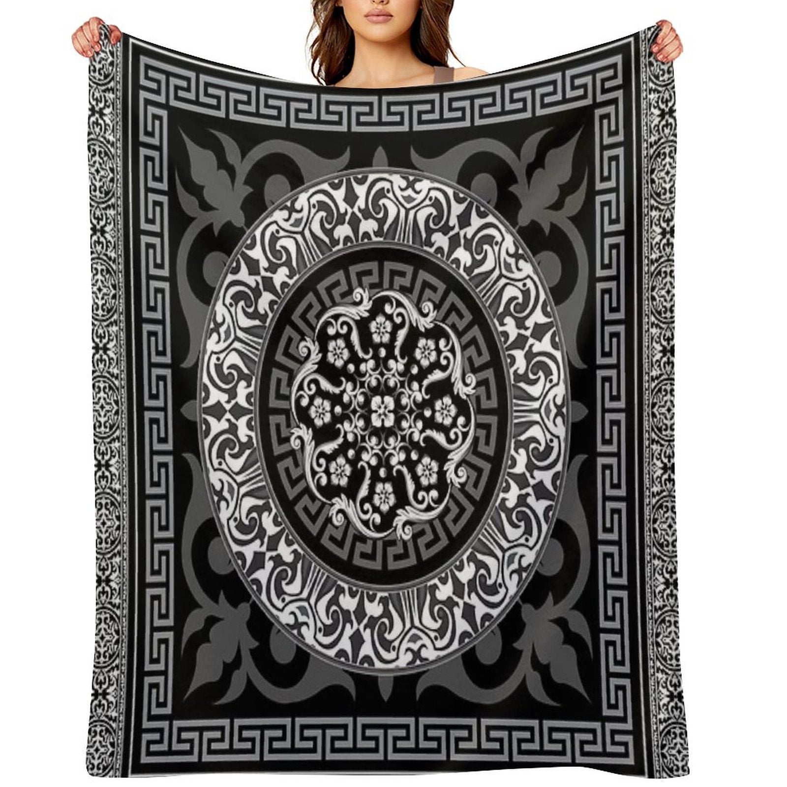 Ornate Baroque Black Grey White Greek Key Plush Throw Blanket