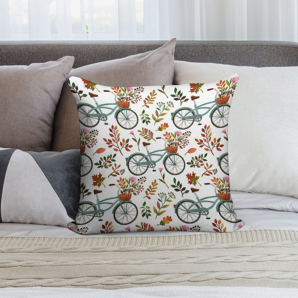 Autumn Bike Ride on White Background Soft Short Plush Fabric Throw Pillow