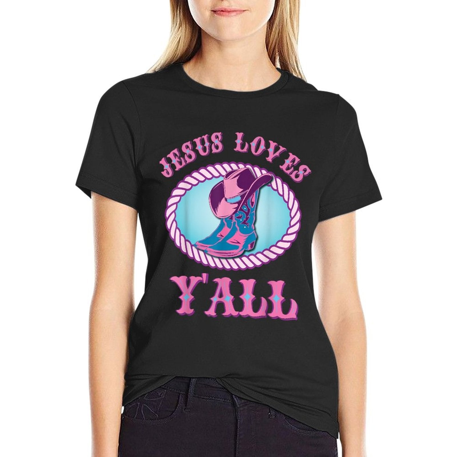 Cute Jesus Loves Yall Cowgirl Christian  Graphic-printed T-Shirt