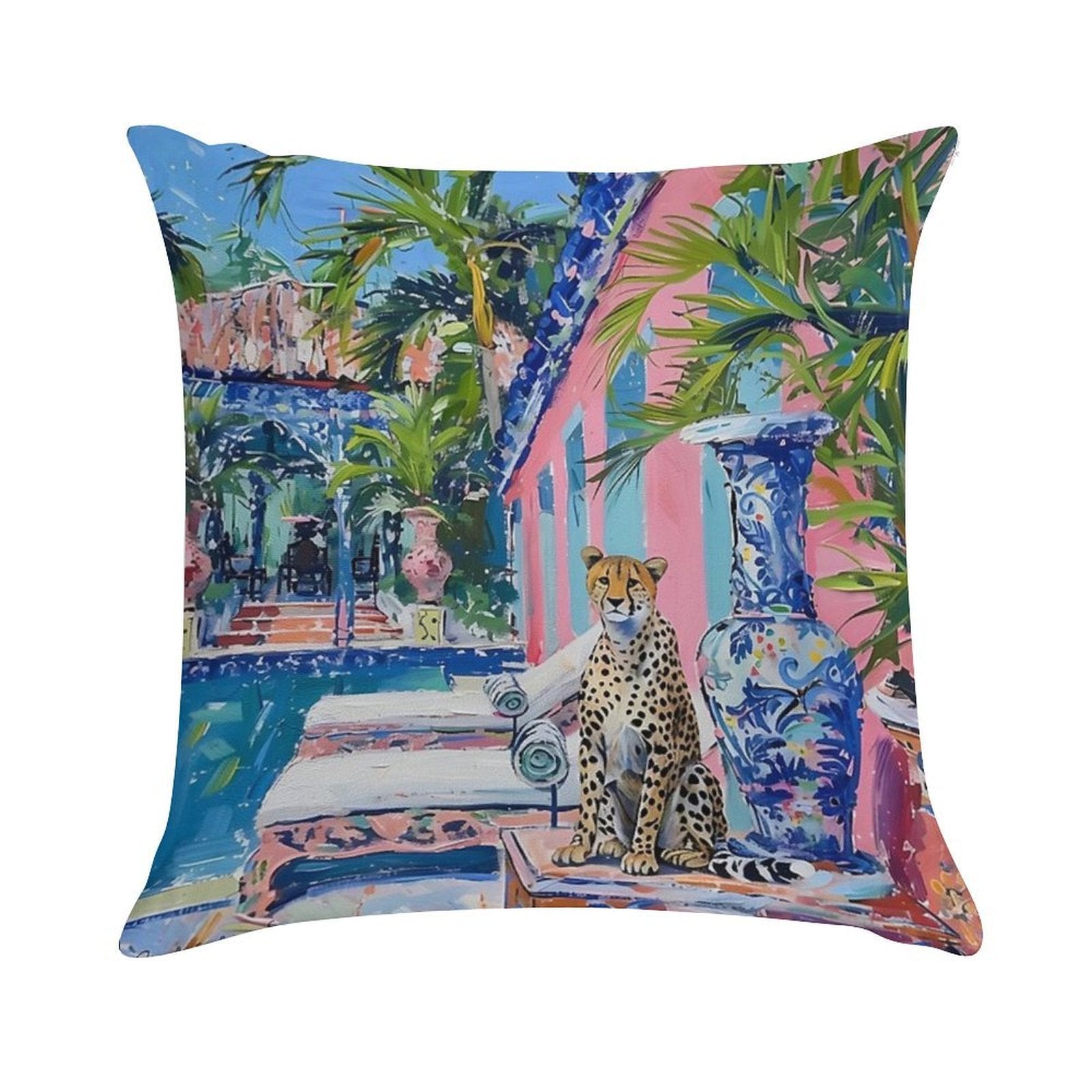 Cheetah at The Swimming Pool in Palm Beach Soft Luxury Feel Throw Pillow