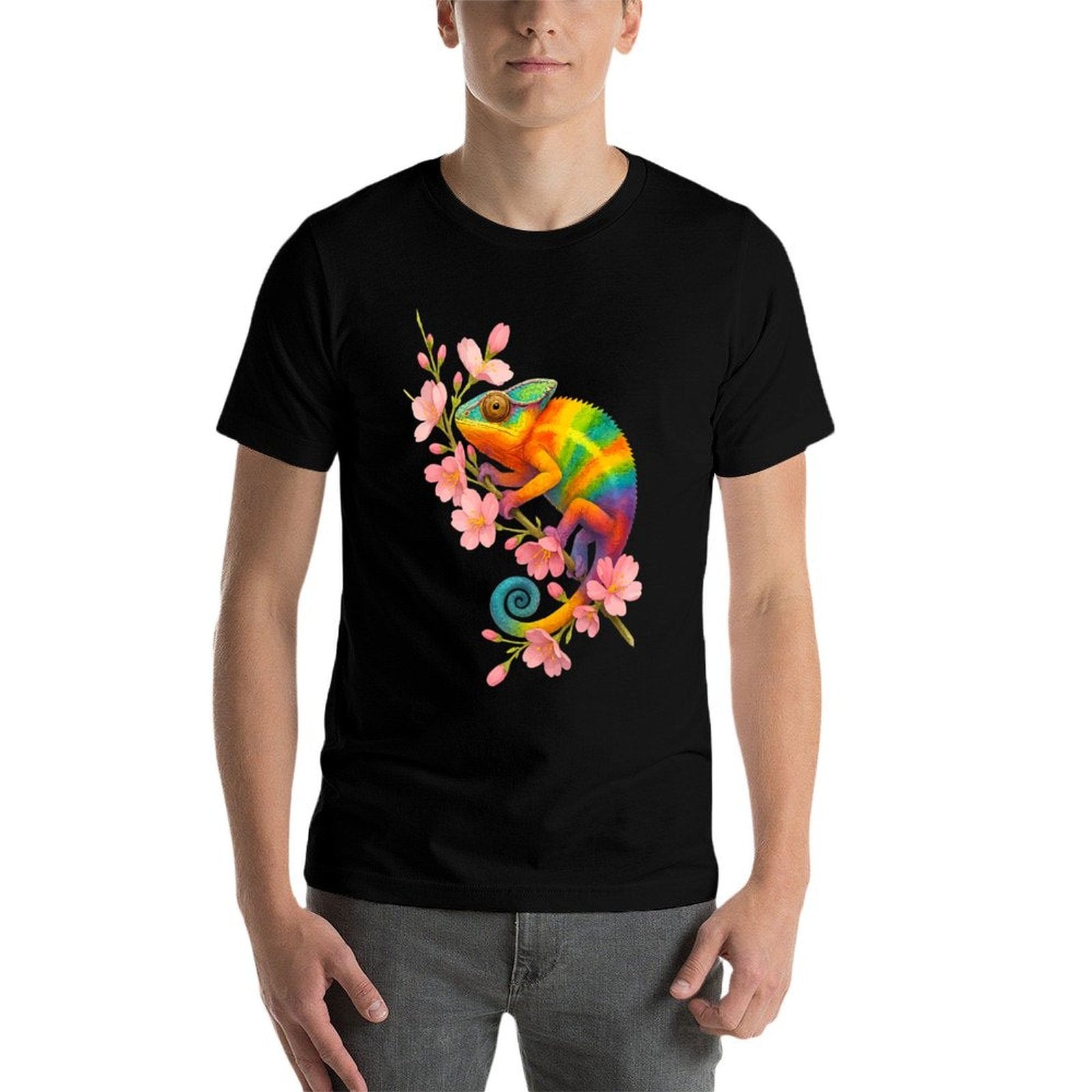 Rainbow Chameleon Colorful Reptile Art with Floral Branch Premium  Oversized Silhouette T-Shirt