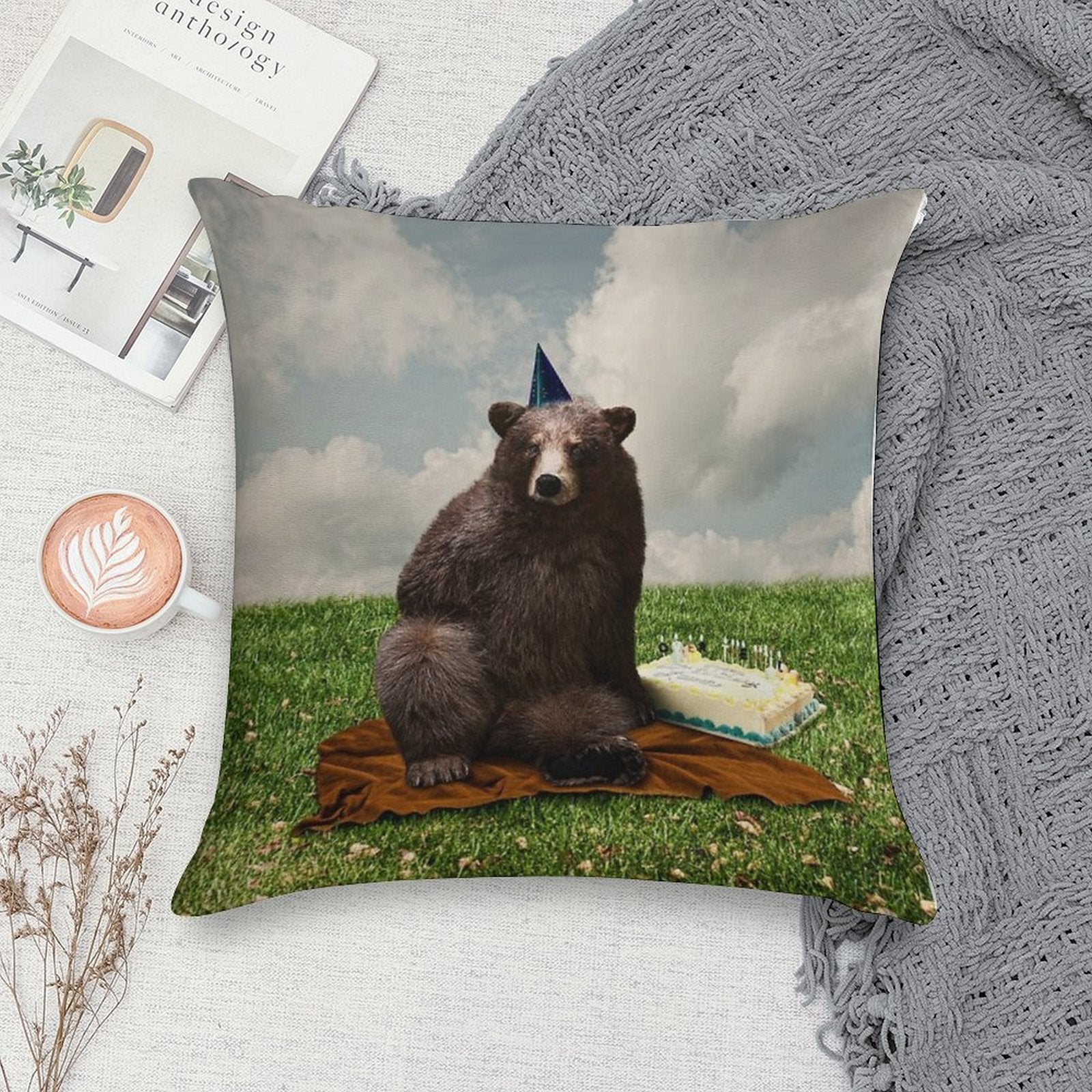 Birthday Bear Soft Skin-Friendly Throw Pillow