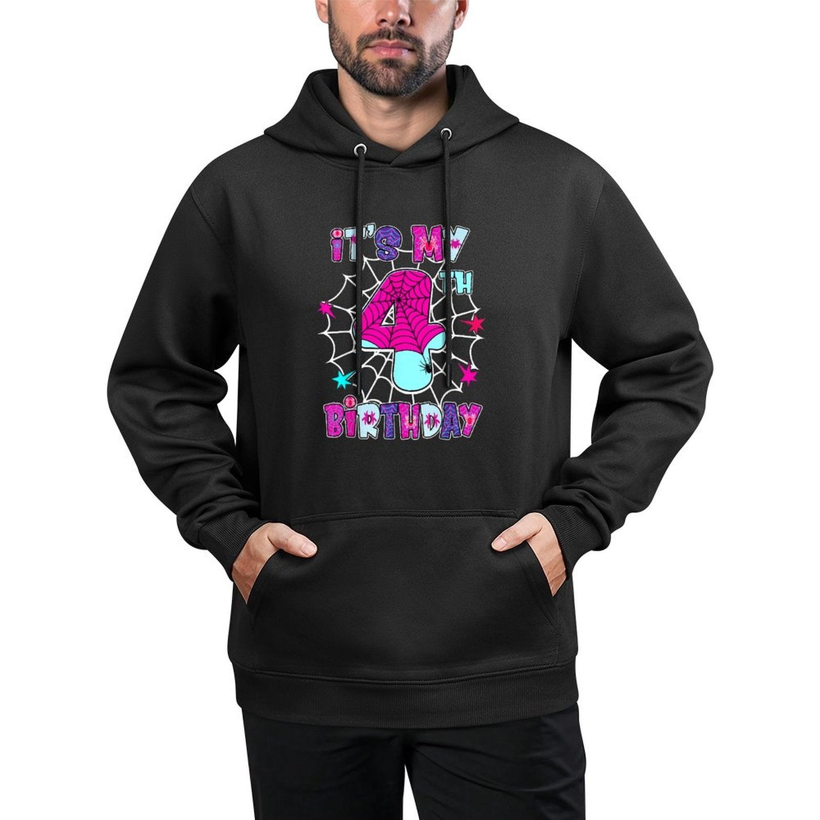 Kids 4 Year Old Birthday Spider Web It's My 4th Birthday Adjustable Hood Hoodie