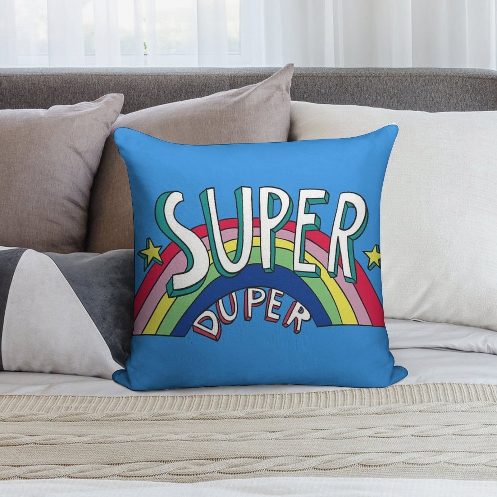 Super Duper Hand Drawn Seventies Style Rainbow Graphic Soft Short Plush Fabric Throw Pillow