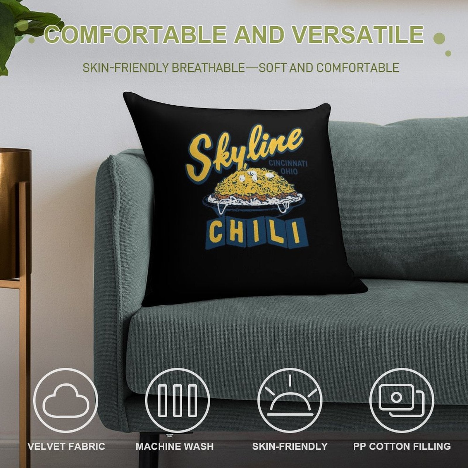 Skyline Chili Cincinnati Soft Durable Construction Throw Pillow