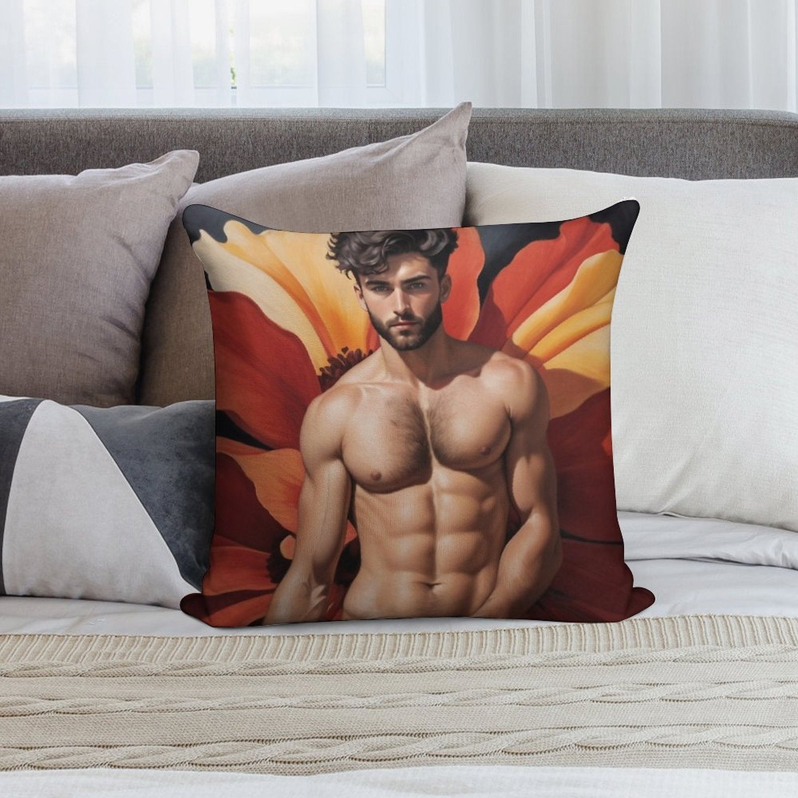 Sexy Guy Portrait Georgia O'Keeffe Inspired Background 2 Soft Short Plush Fabric Throw Pillow