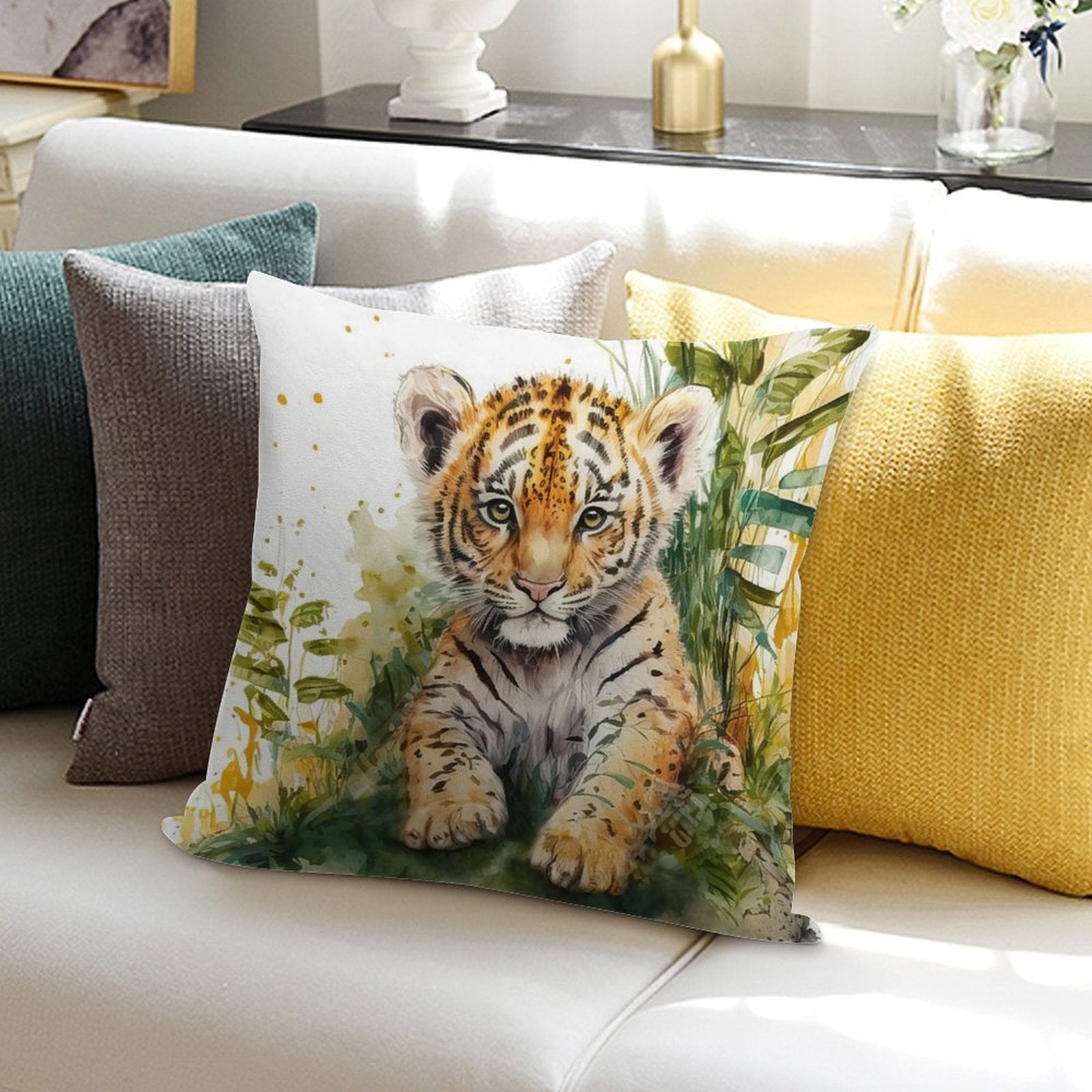 Watercolor Cute Baby Tiger Portrait, Little Tiger Cub in A Jungle Soft Warmth Comfort Throw Pillow