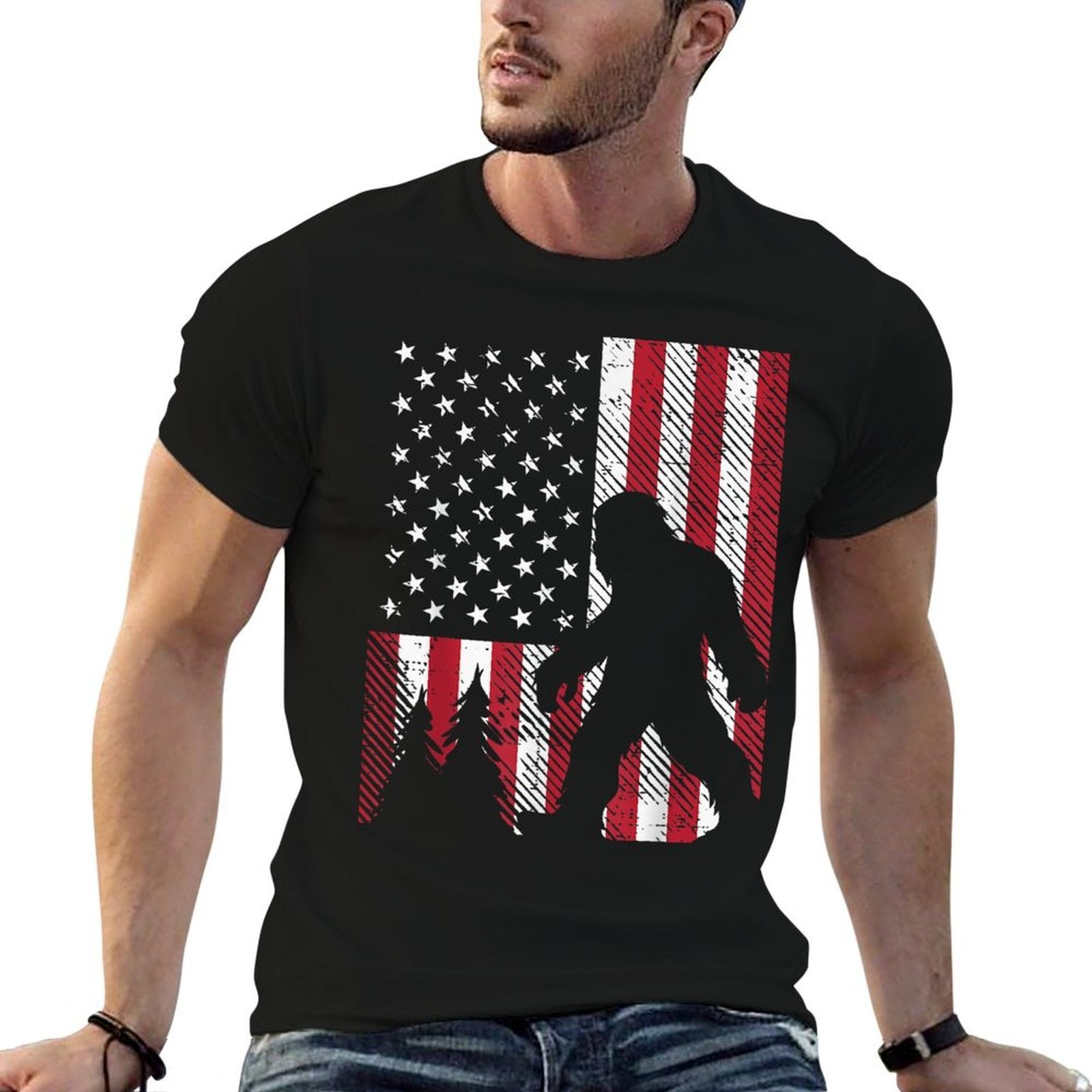 4th July Bigfoot Sasquatch US Patriotic Men Women Kids  Cotton T-Shirt