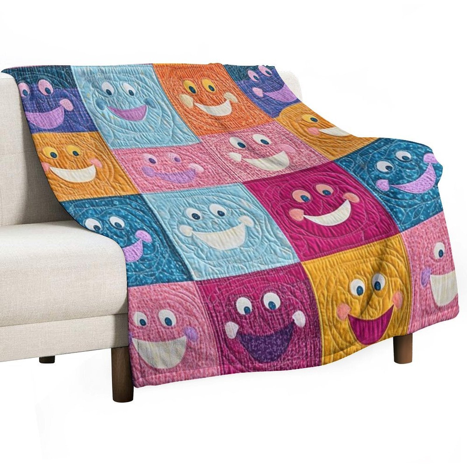 Colorful Smiling Faces Patchwork Pattern – Fun & Cheerful Design Versatility Throw Blanket