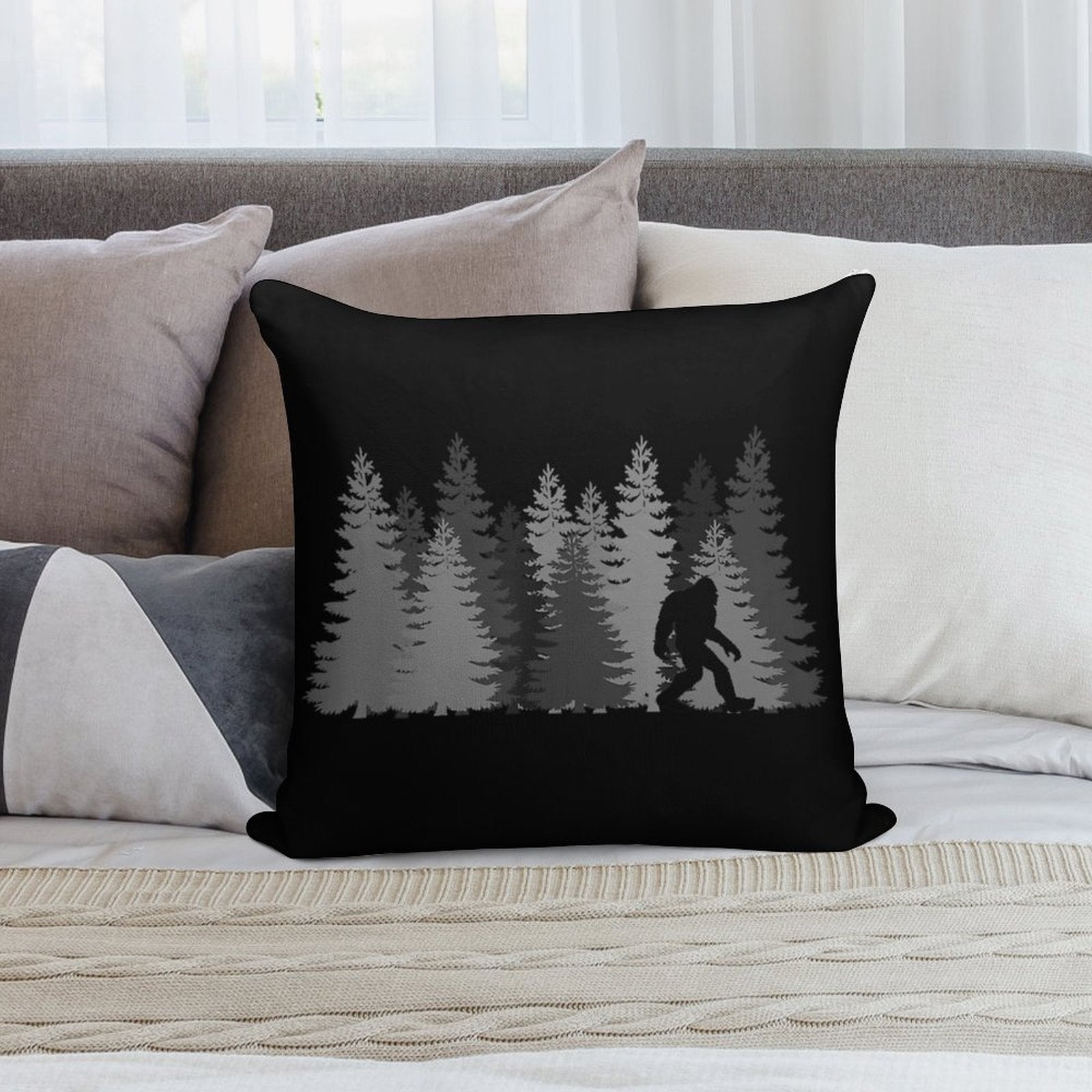 Bigfoot Silhouette In The Forest Wilderness Soft Decorative Cover Throw Pillow